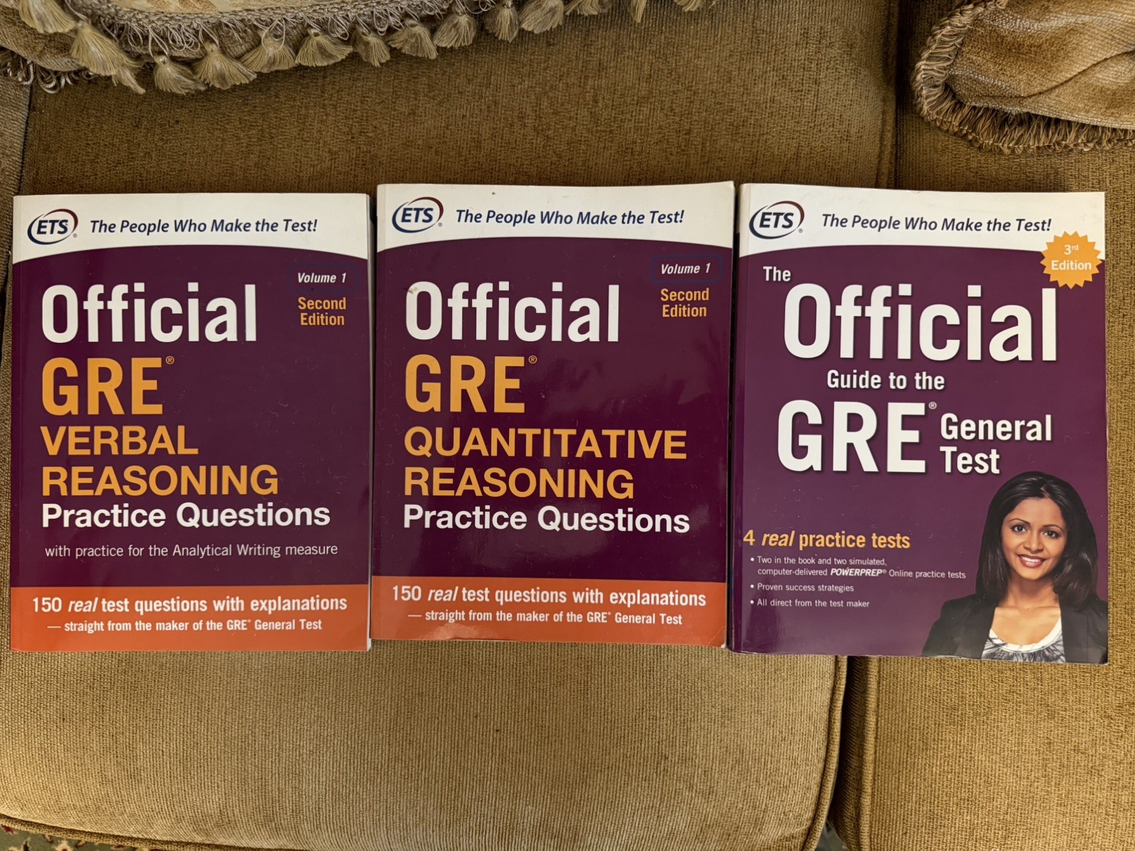 ETS Official GRE General Test, Verbal, and Quantitative Reasoning Prep Books.
