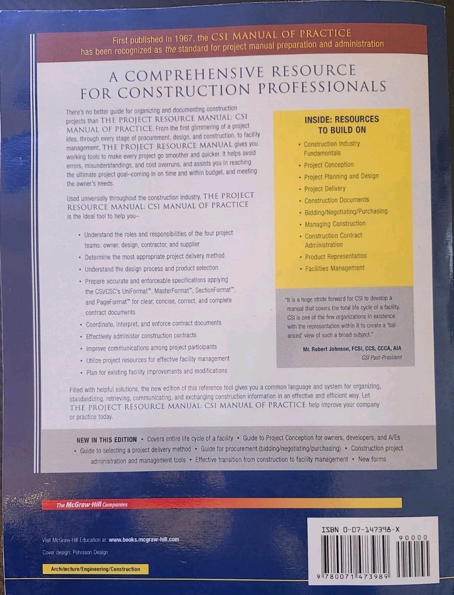 The Project Resource Manual Student Ed. CSI Manual Of Practice **VG**