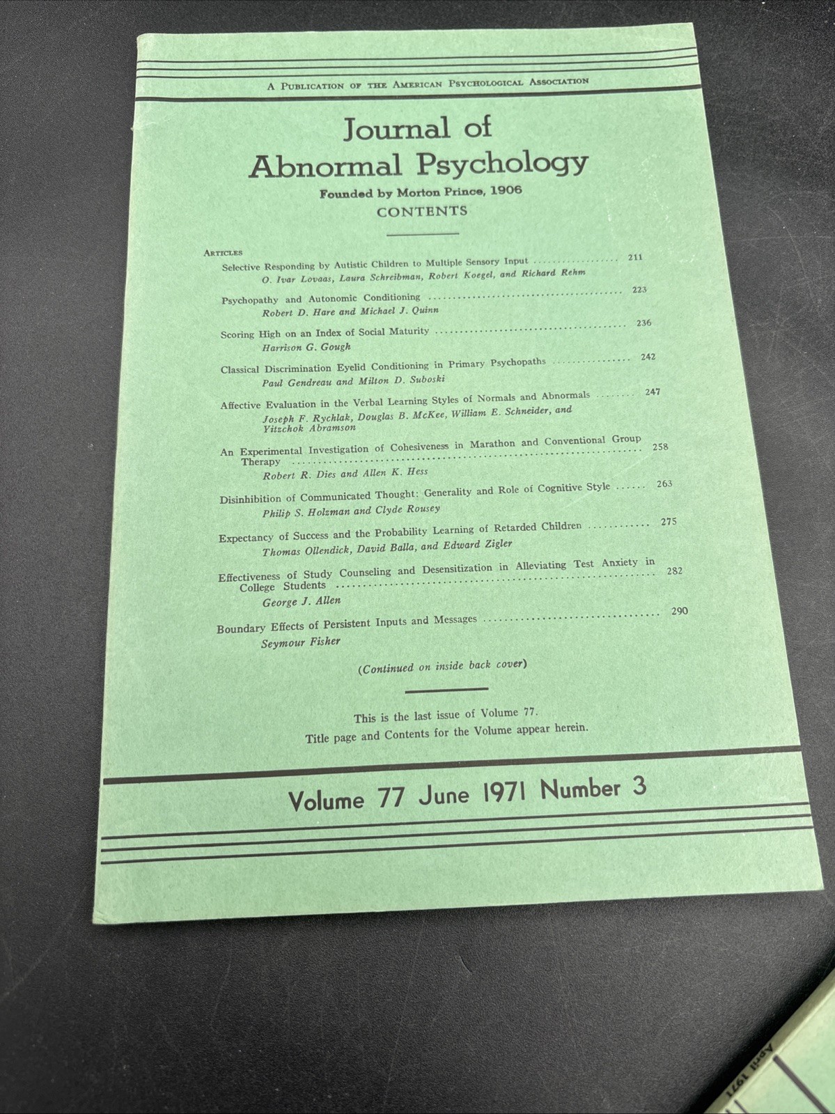 1971 Journal Of Abnormal Psychology Vol 77 1-2-3 Mental Illness Autistic