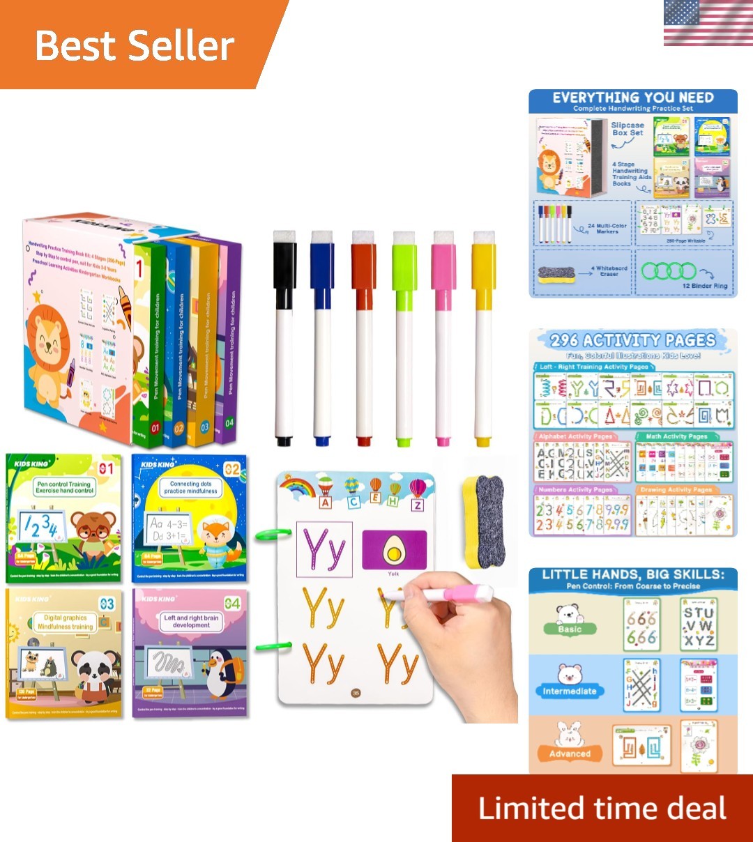 Educational Handwriting Practice Kit: 4 Stages, 24 Markers & 296 Pages for Kids