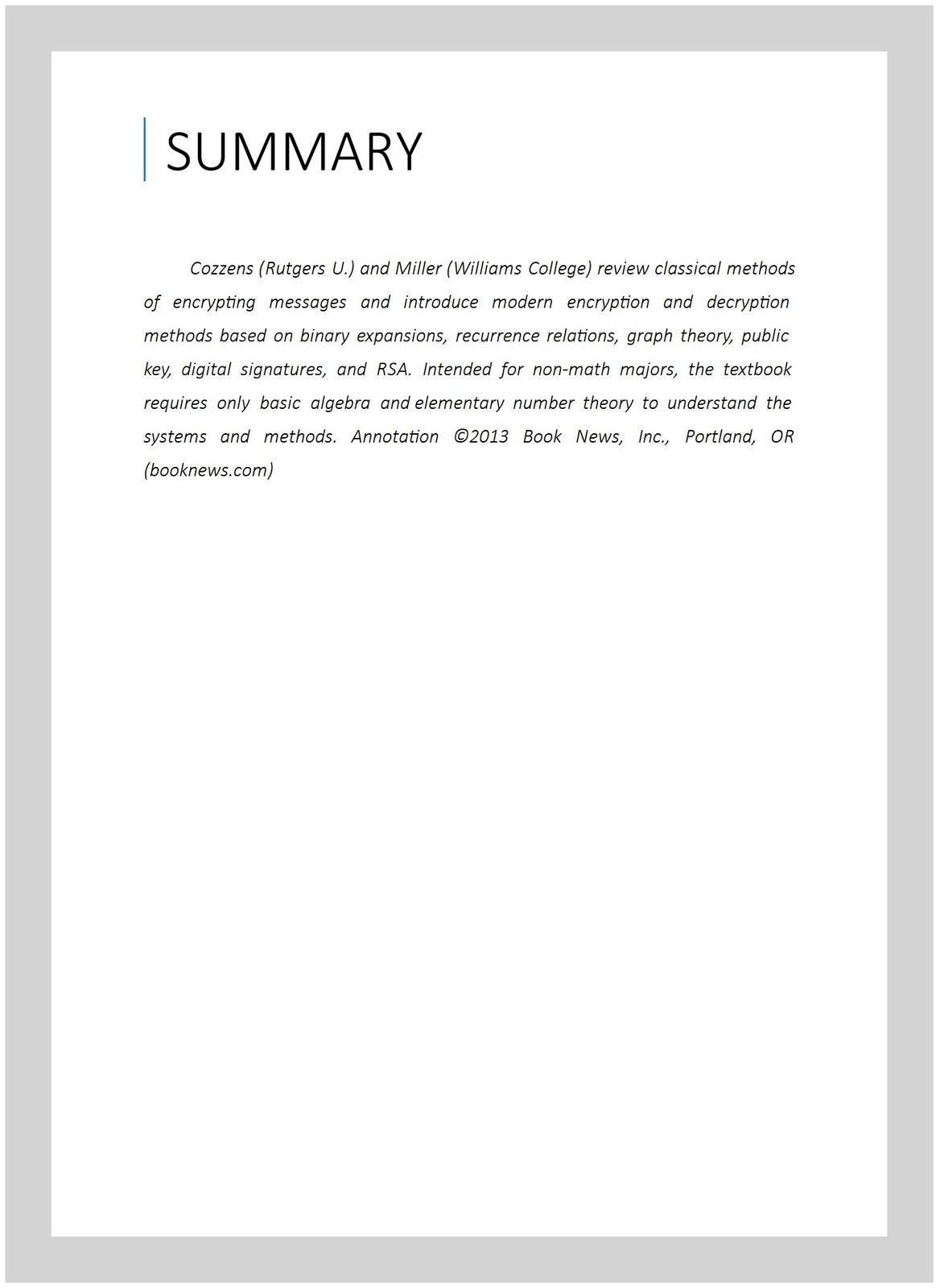 Mathematics of Encryption : An Elementary Introduction, Paperback by Cozzens,…