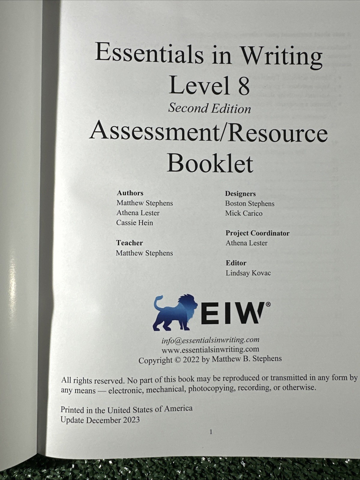 Essentials In Writing Level 8 Second Edition Resource Booklet