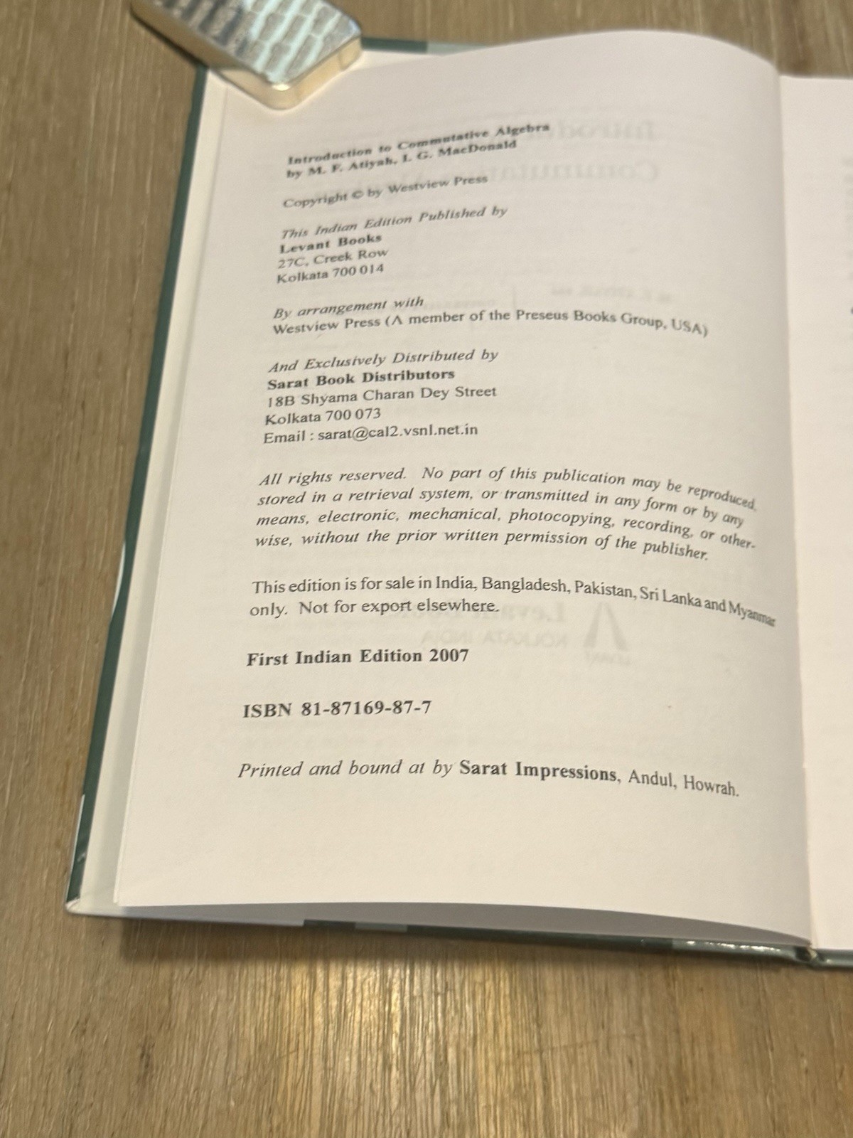 Introduction To Commutative Algebra by M.F. Atiyah & I.G. MacDonald HC / India