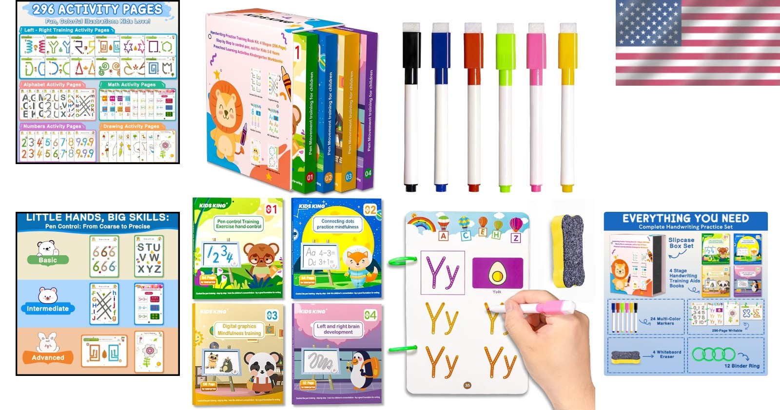 Educational Handwriting Practice Kit: 4 Stages, 24 Markers & 296 Pages for Kids