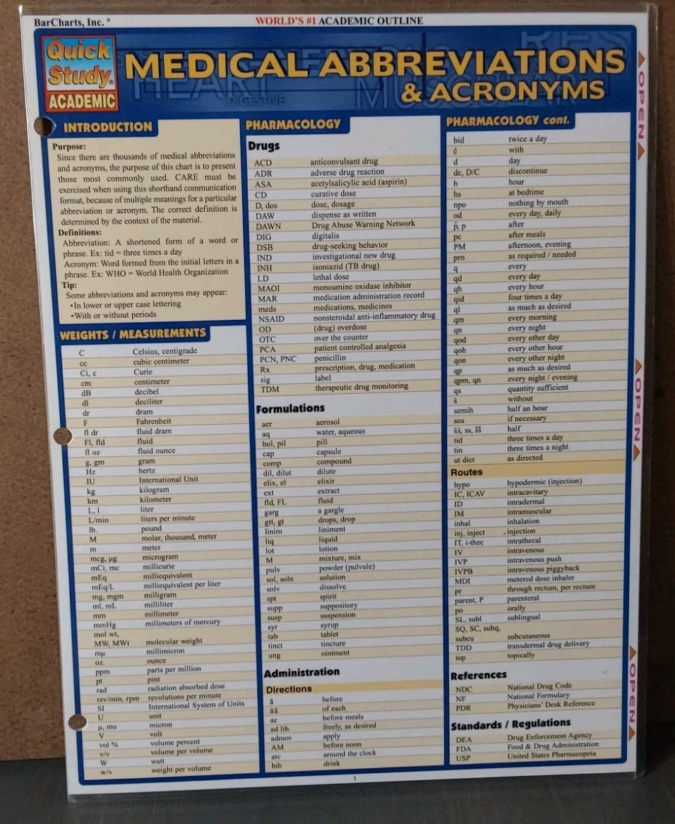 Medical Abbreviations Acronyms Quick Study Academic Laminated Tri-Fold Pamphlet