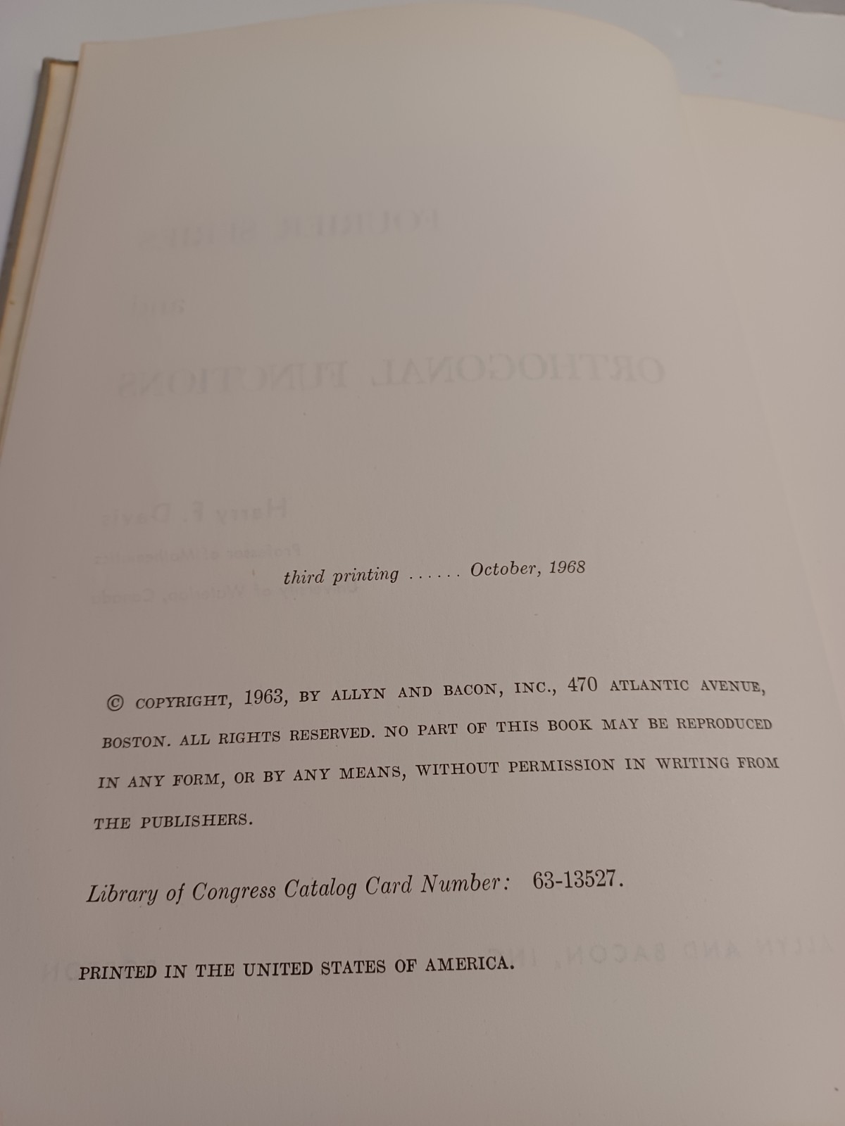 Fourier Series and Orthogonal Functions by Harry F. Davis – Hardcover – 1968
