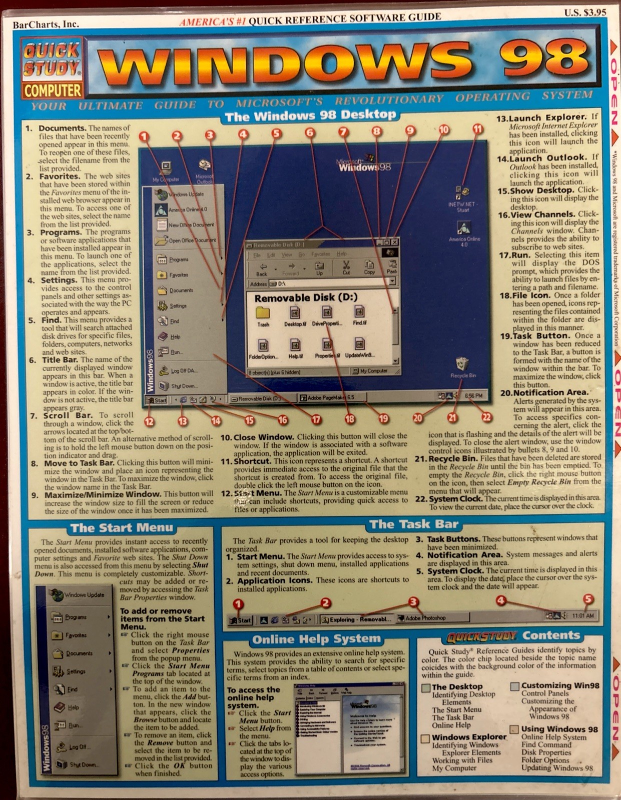 Quick Study Computer Windows 98 Softwear Guide EUC 1998 Bar Chart Reference Card