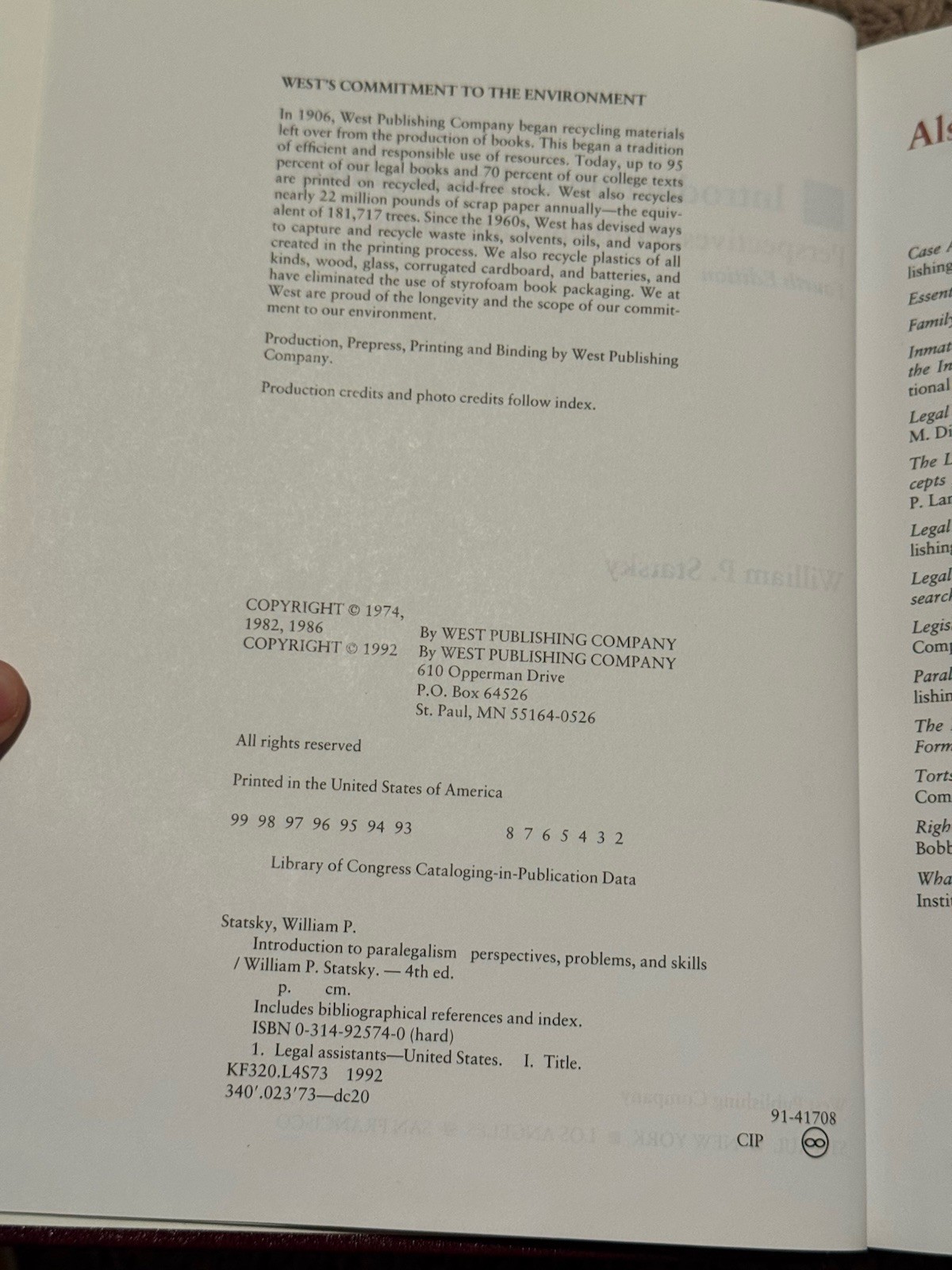 Introduction to Paralegalism By William Statsky 4th Fourth Edition Text Book