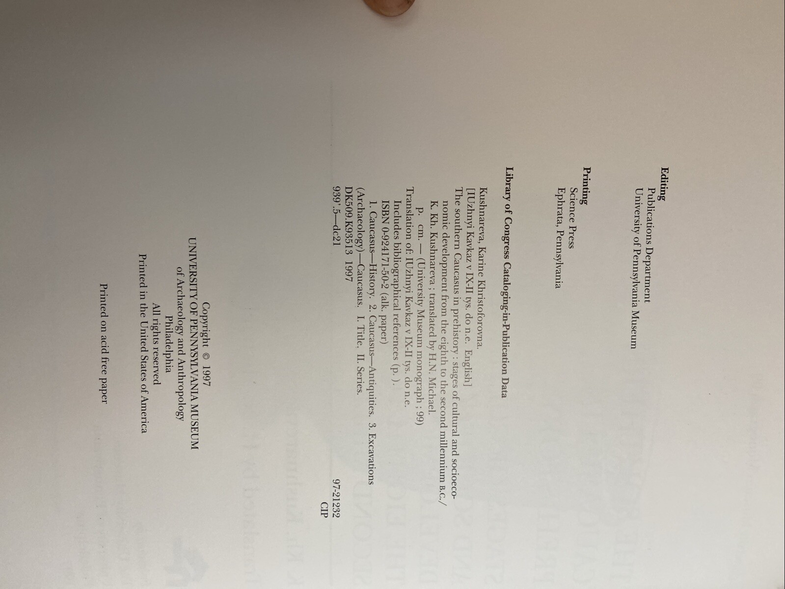 The Southern Caucasus in Prehistory : Cultural & Socioeconomic Development 1997