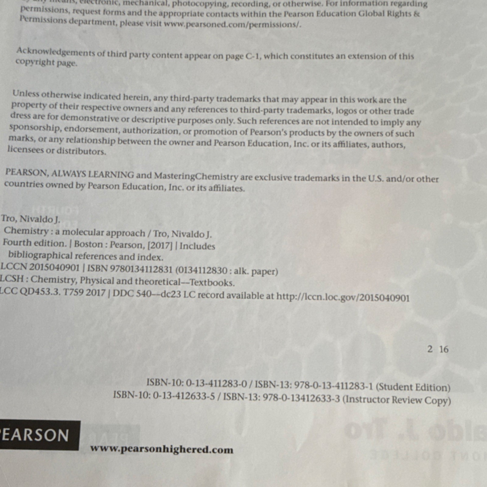 Pearson Chemistry: A Molecular Approach Nivaldo J. Tro Fourth Edition