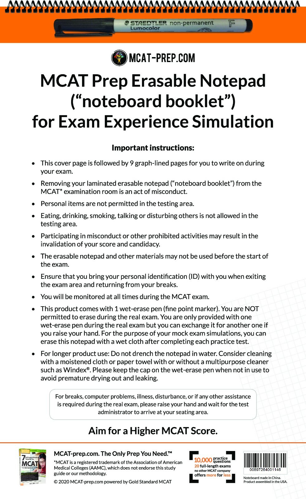 MCAT Prep Erasable Notepad/Whiteboard (noteboard booklet) with Staedtler Marker