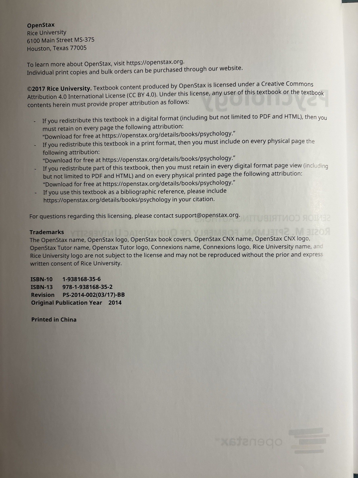 OpenStax Psychology Hardcover Textbook Rice University 2017 Edition