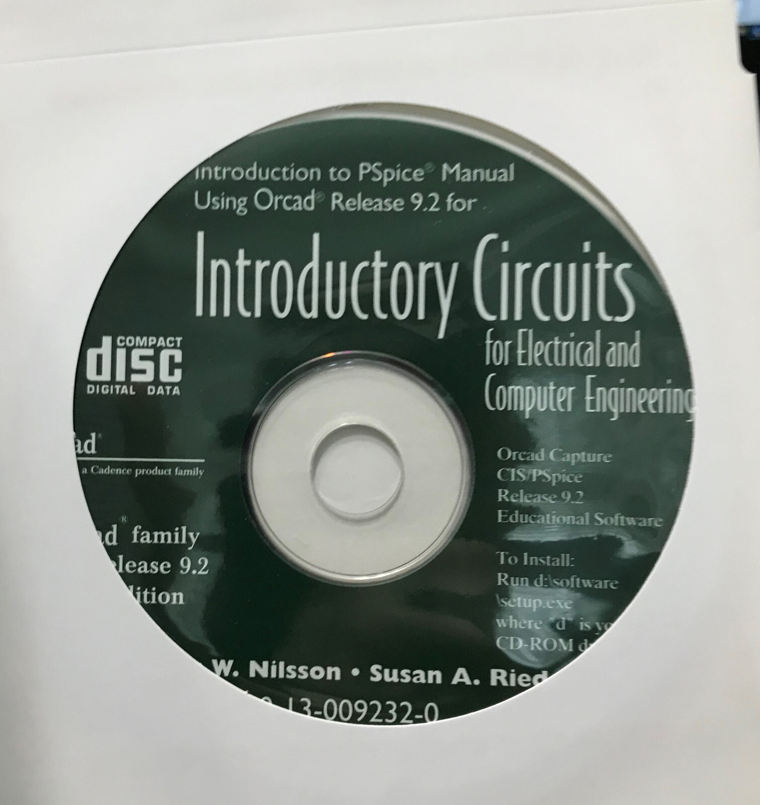 PSPICE Manual Orcad 9.2 Introductory Circuits,J. Nilsson,Prentice Hall,w/CD-ROM