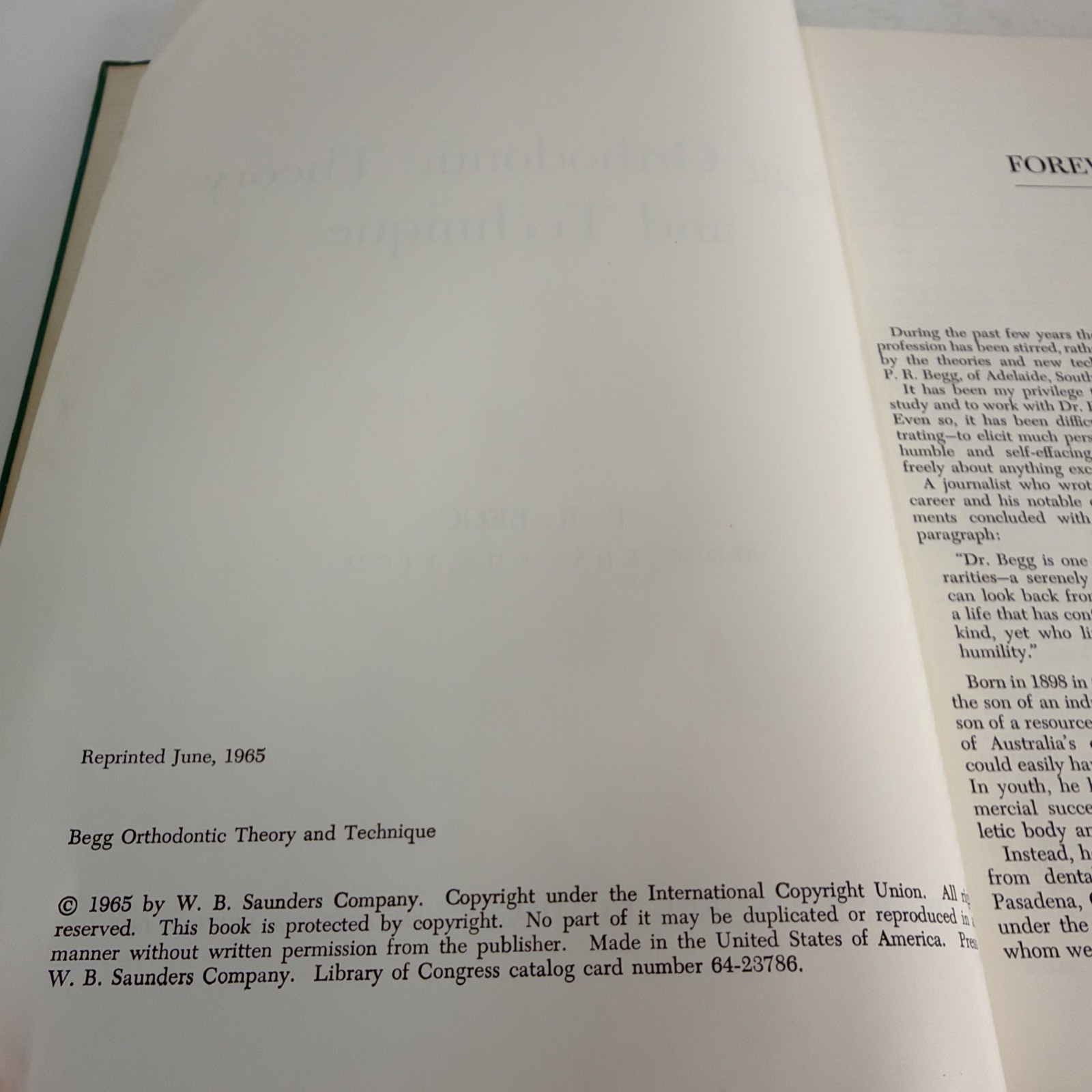 Begg Orthodontic Theory and Technique 1965 Hardcover by P. R. Begg