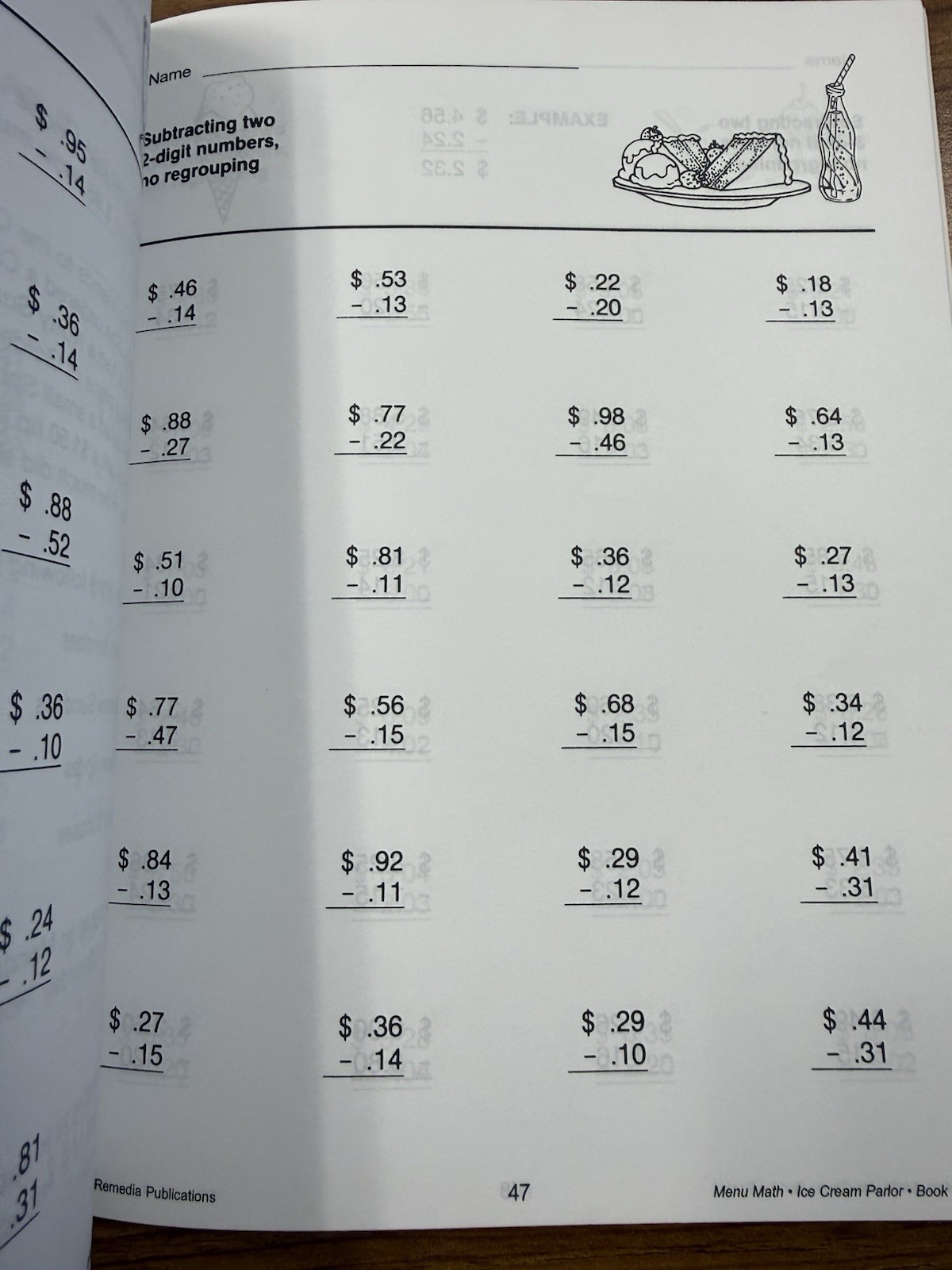 Menu Math Old-Fashioned Ice Cream Parlor Grades 3-6 Workbook Remedia REM101A**