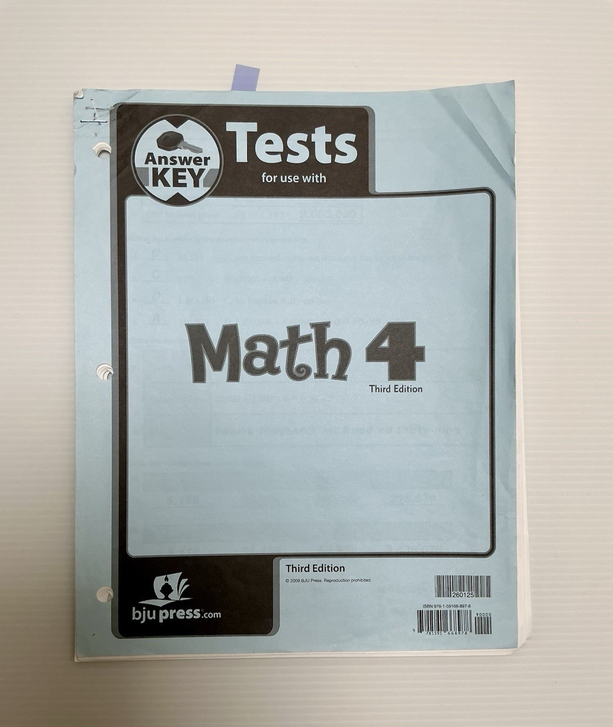 BJU Press Math 4 Tests Answer Key Teacher’s Ed Looseleaf 3rd Ed 2009