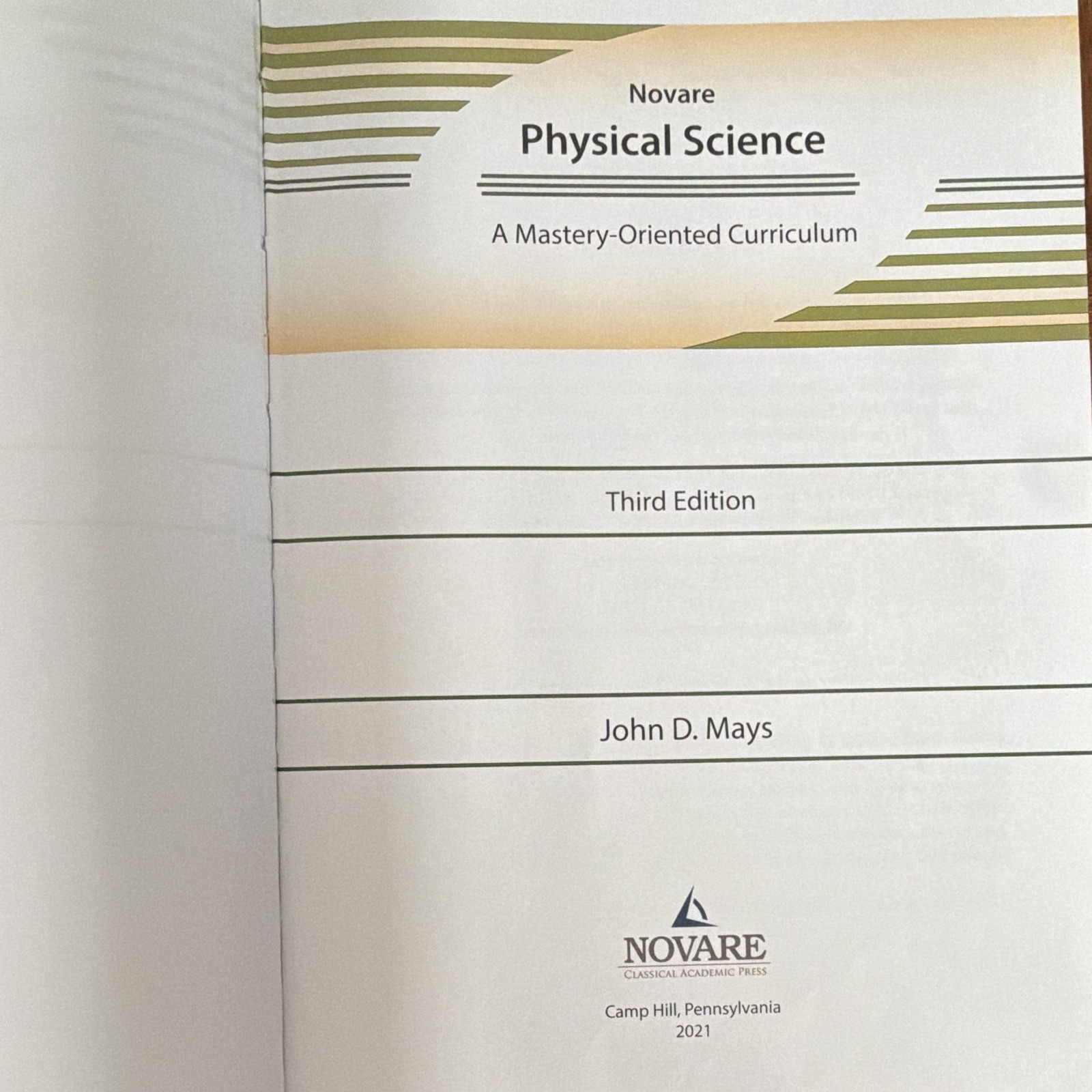 Novare Physical Science 3rd Ed Textbook John D. Mays 2021 Classical Acad HS