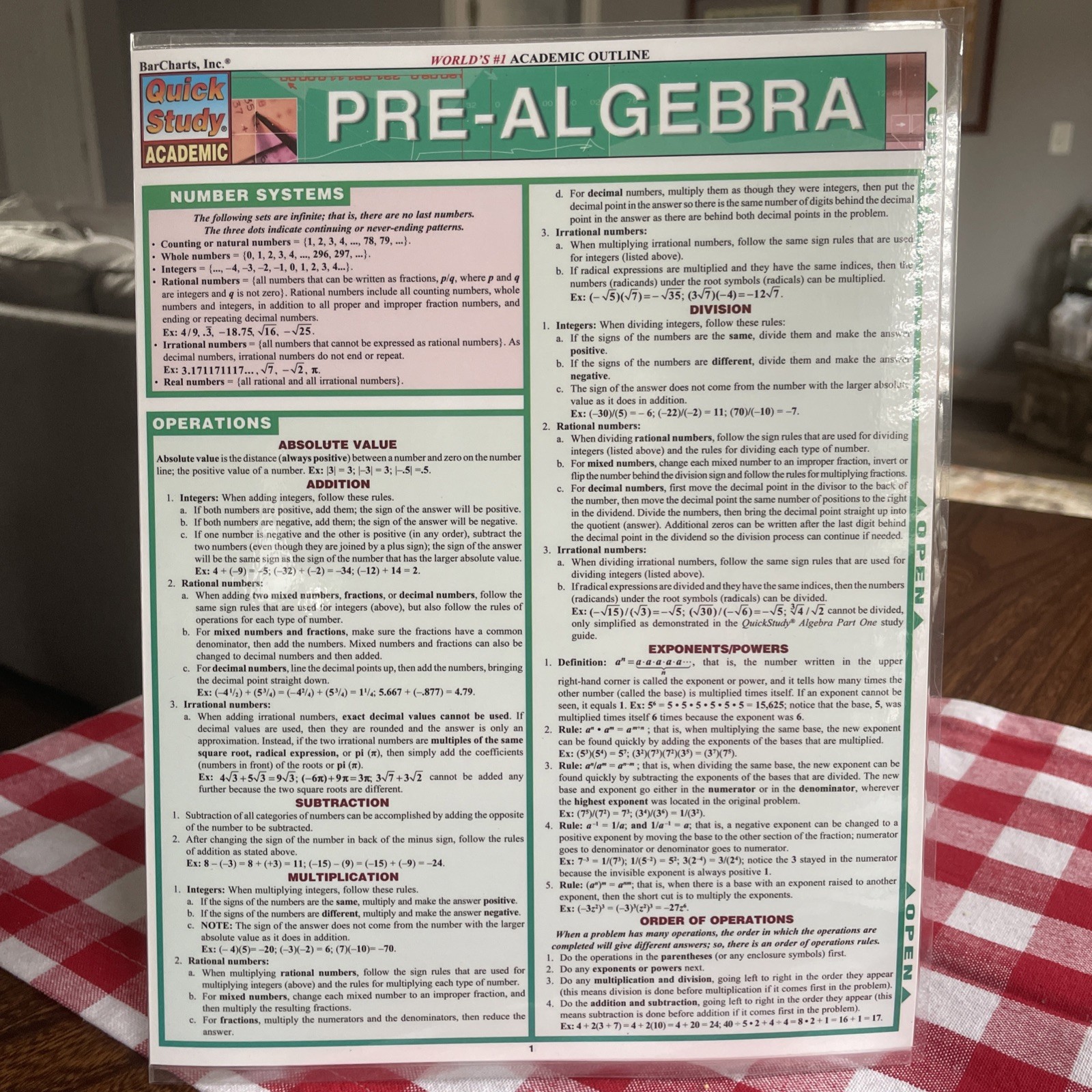 Quick Study Academic Bar Chart: PreAlgebra Laminated Study Guide Math Cheatsheet