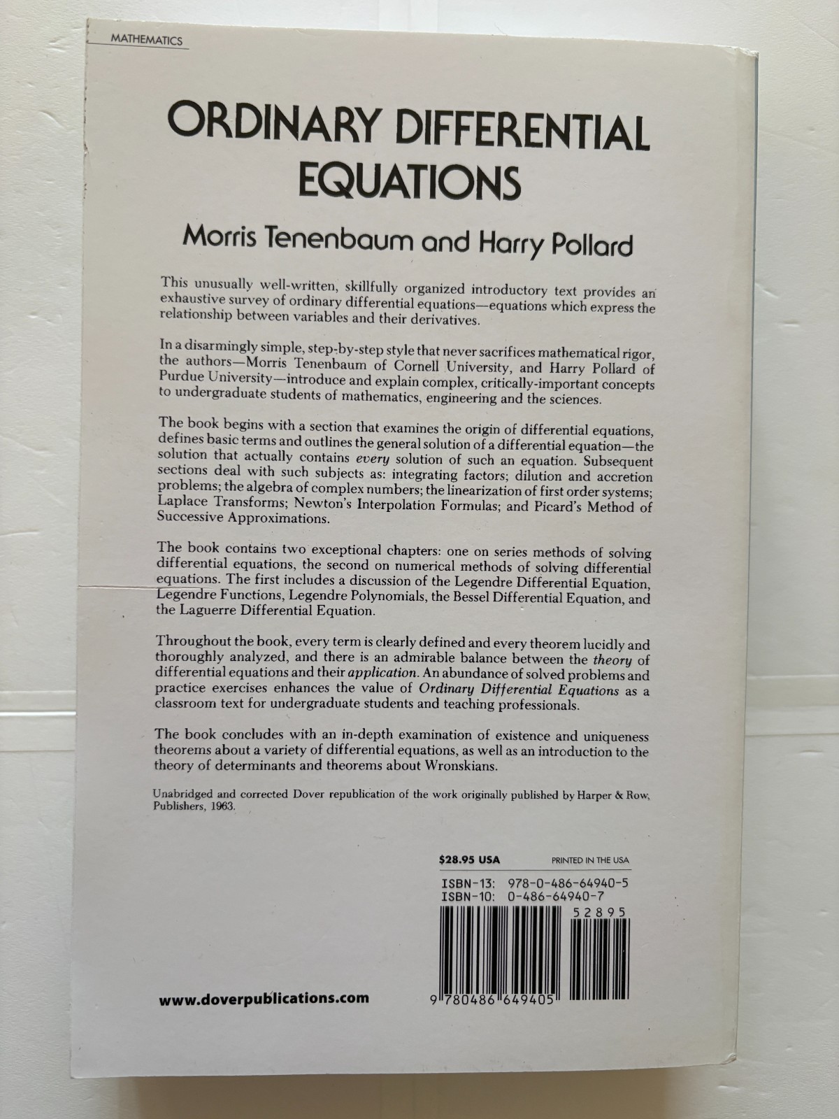 Ordinary Differential Equations Morris Tenenbaum ,Harry Pollard