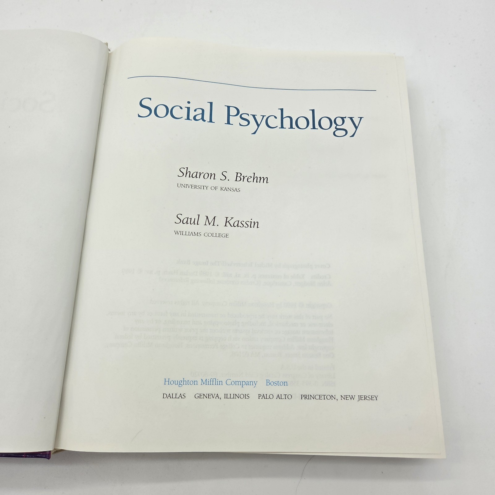 Social Psychology by Sharon S. Brehm and Saul M. Kassin (1989, Hardcover)