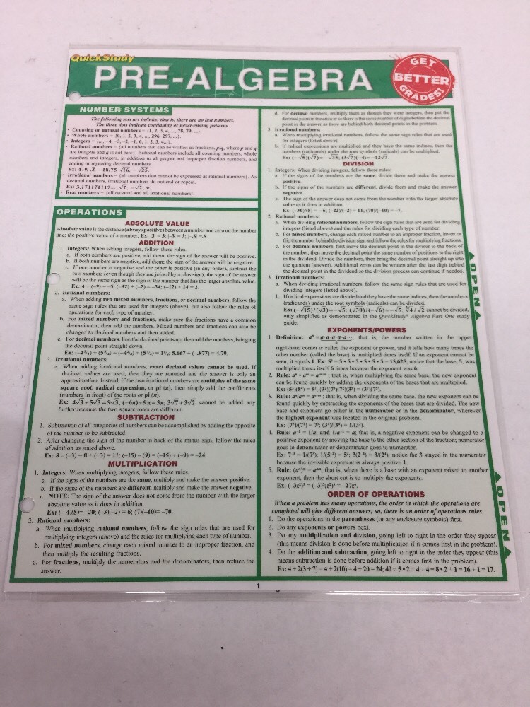 Barcharts Pre Algebra Quick Study Guide