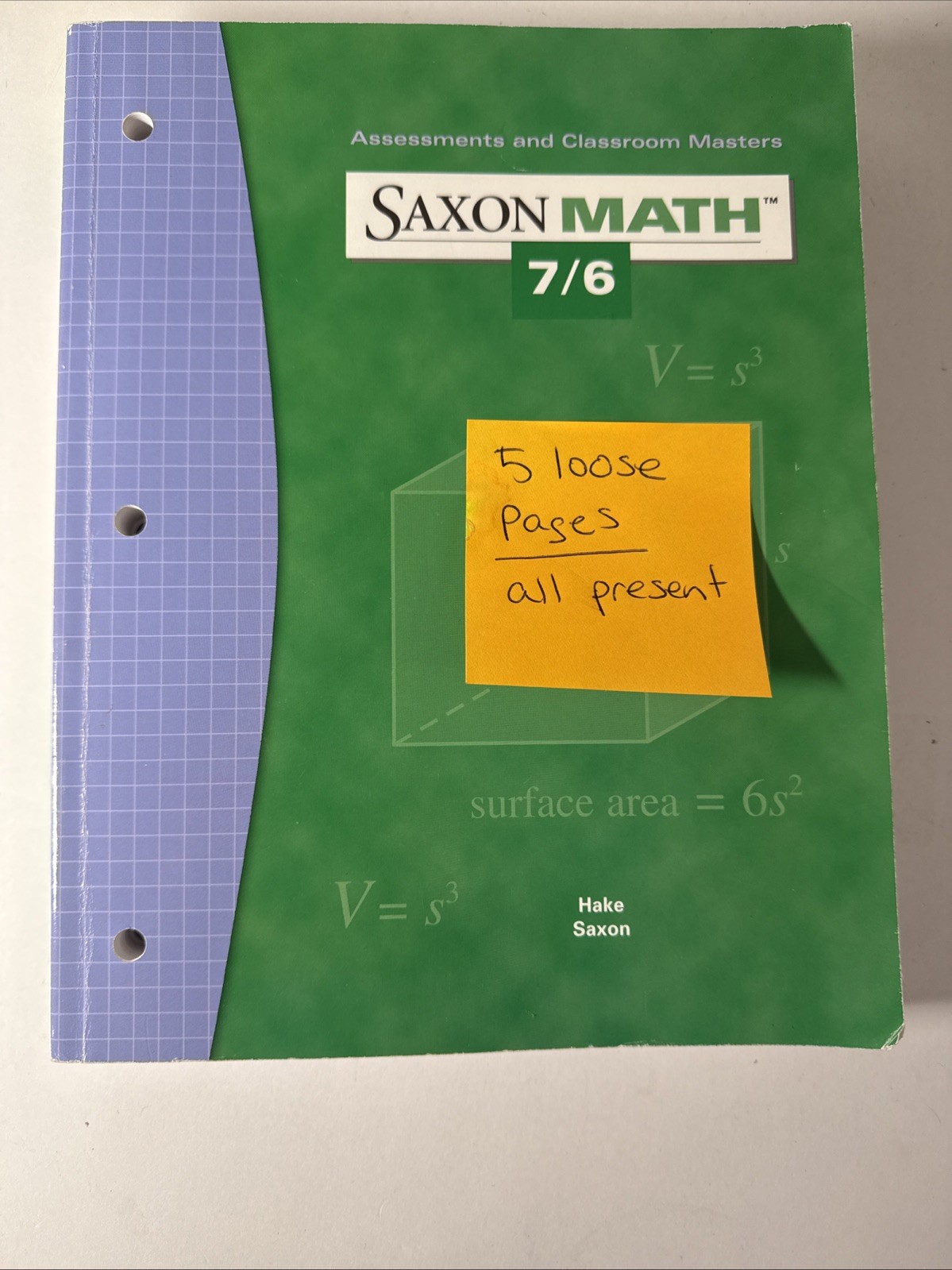Saxon 7/6 (4th ed) Assessments & CLASSROOM Masters (5 Loose Pages, All Present)