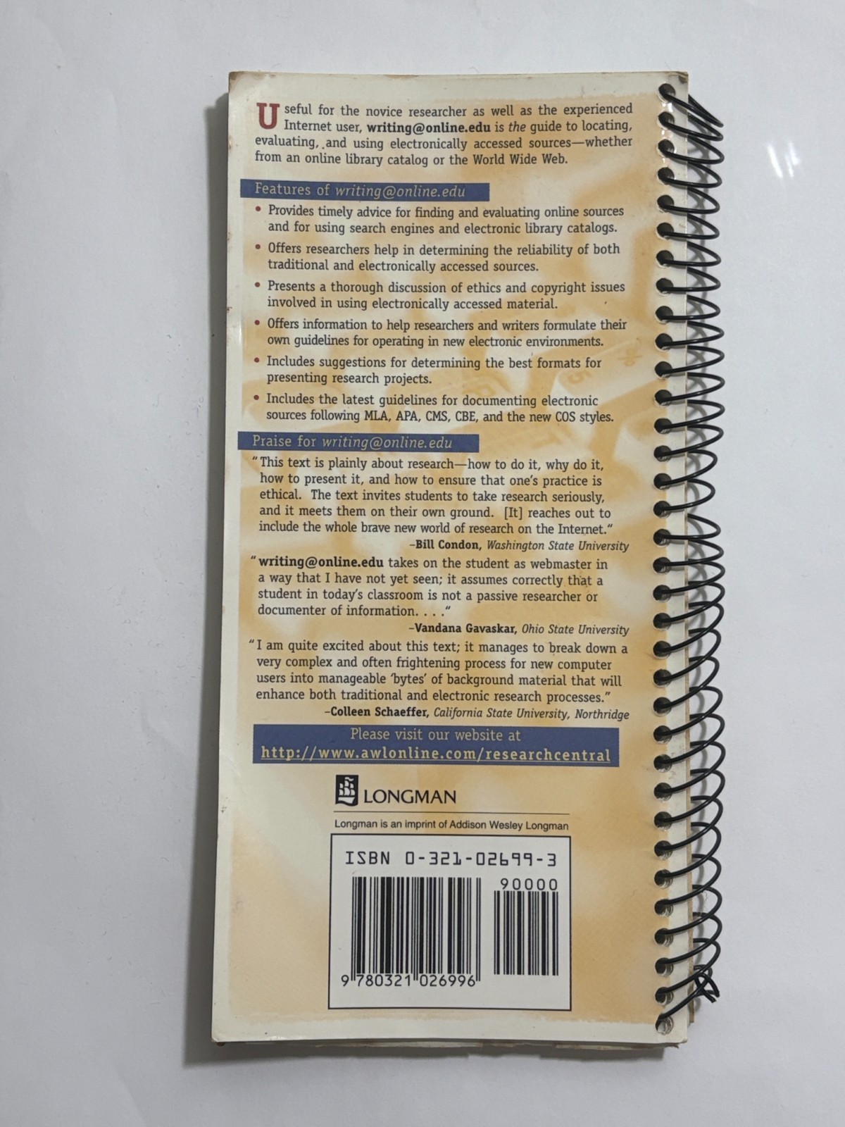 writing@online.edu Spiral Bound Paperback Textbook Walker Ruszkiewicz 2000