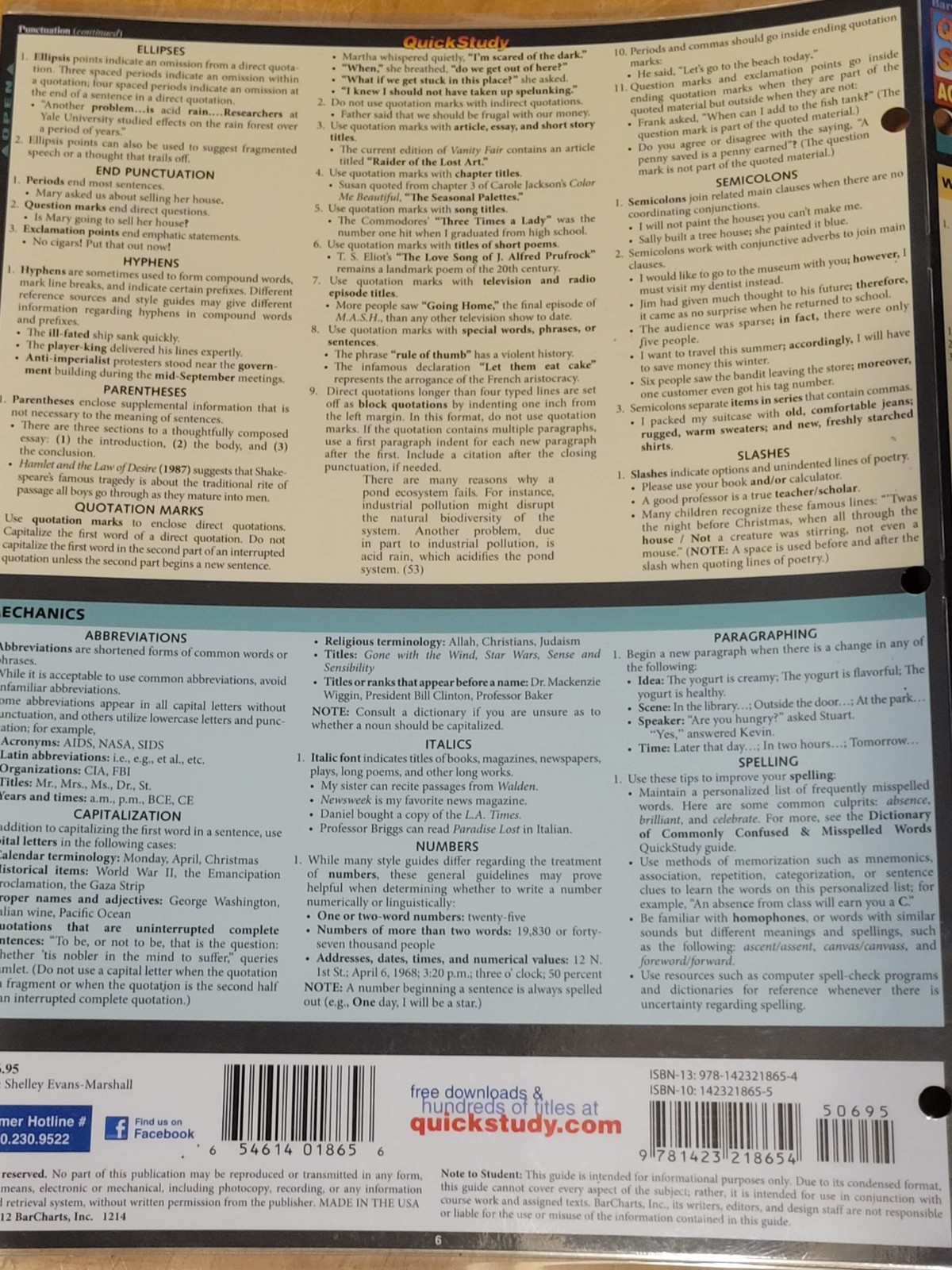 English Grammar Punctuation (Quickstudy: Academic) – Pamphlet