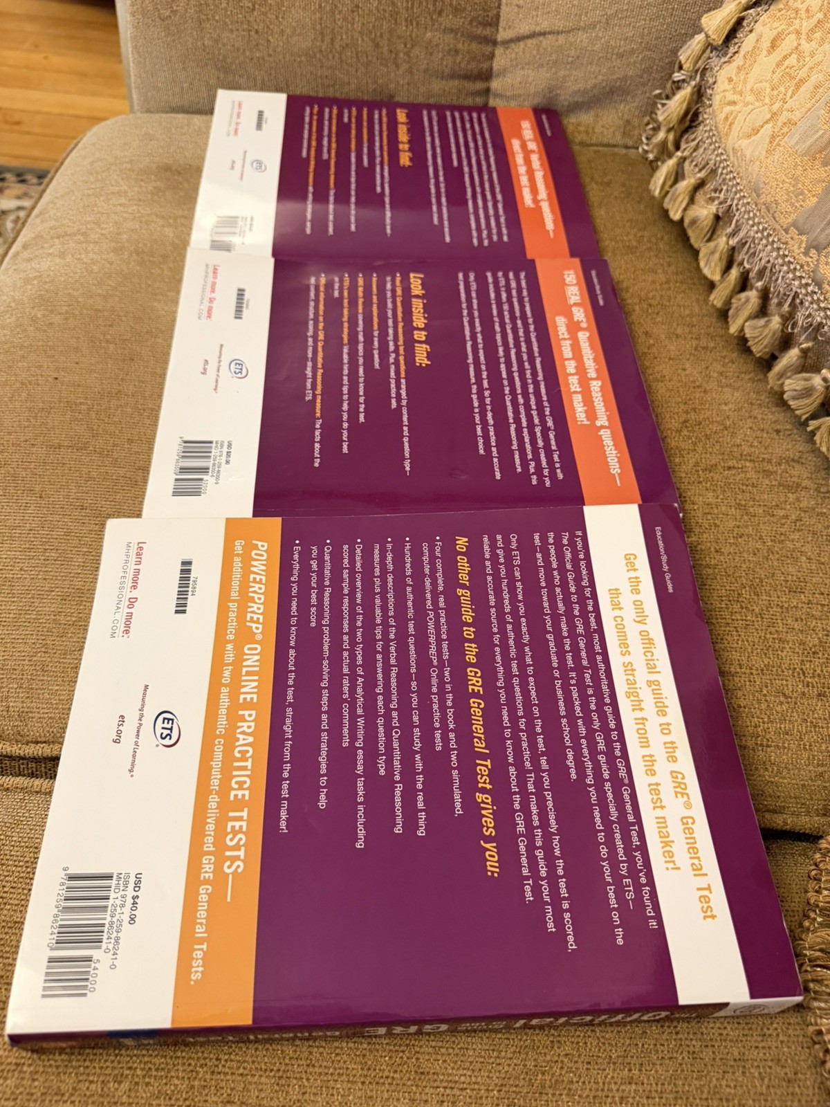 ETS Official GRE General Test, Verbal, and Quantitative Reasoning Prep Books.