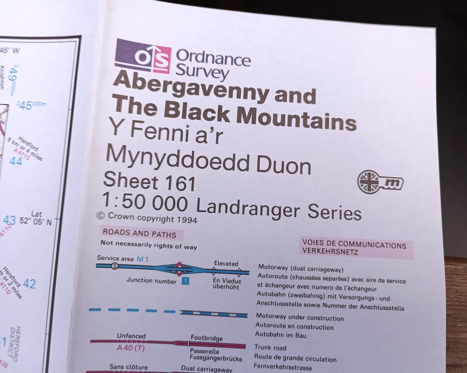ABERGAVENNY & BLACK MOUNTAINS Ordnance Survey Landranger Map 161 1994 2cm:1km