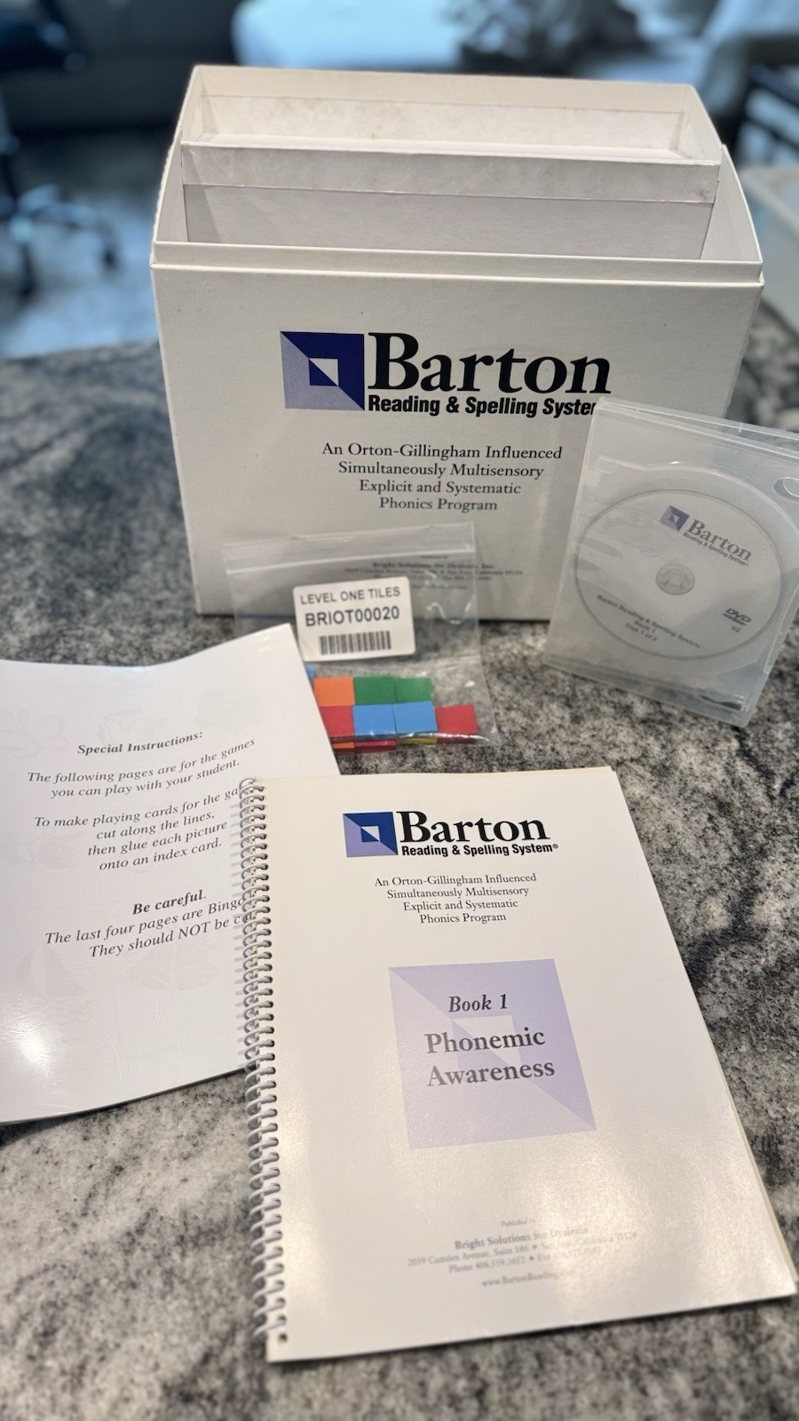 Barton Reading & Spelling System Book 1 Phonemic Awareness Manual Set DVD