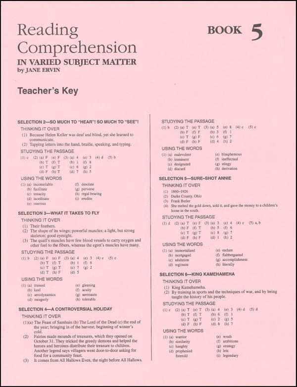 Reading Comprehension in Varied Subject Matter Book 5 Ans. Key – NEW