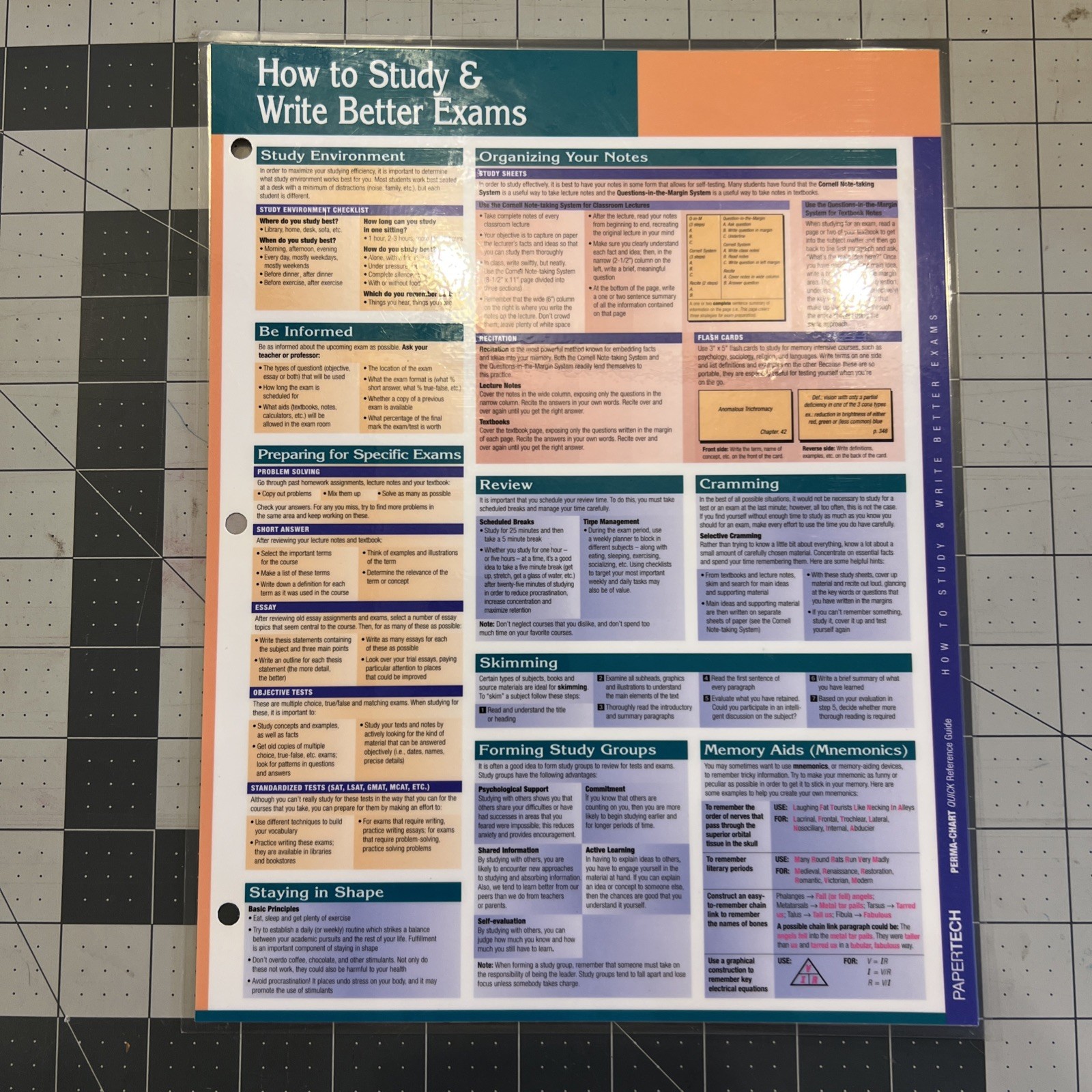 Quick Study Guide How To Study & Write Better Exams Laminated 3 Hole Punch