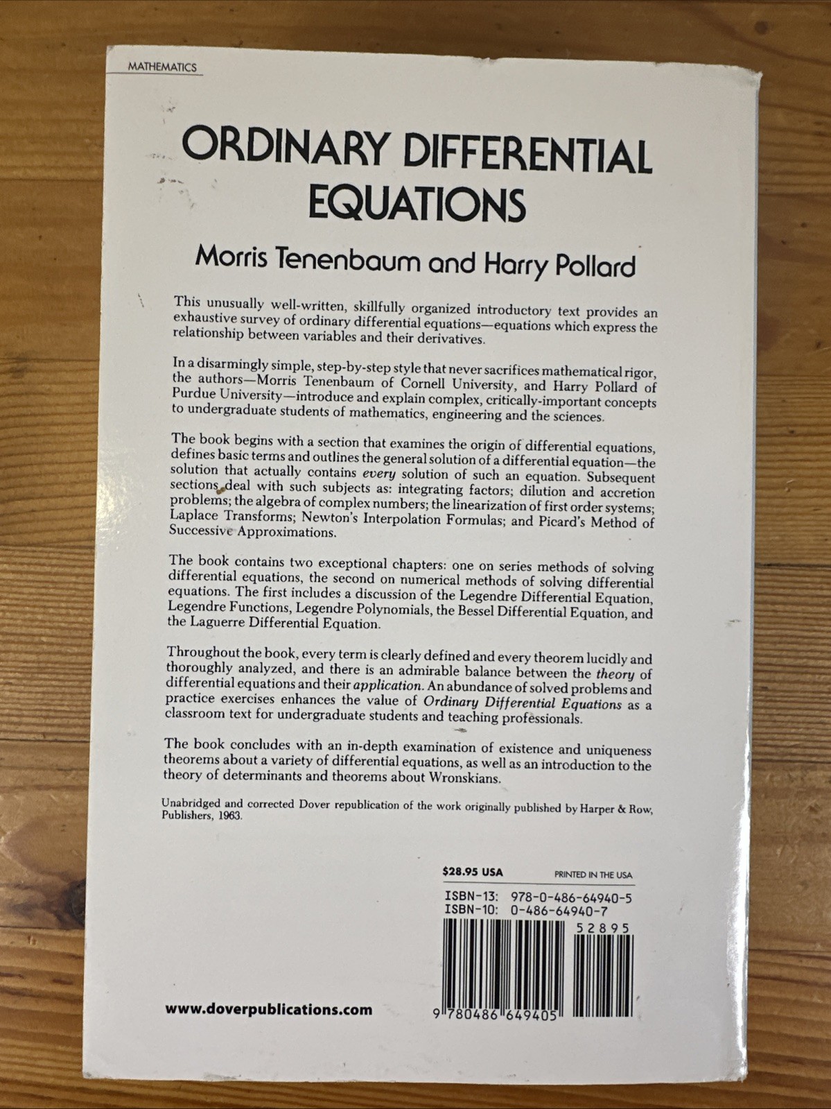 Ordinary Differential Equations Morris Tenenbaum Harry Pollard 1985