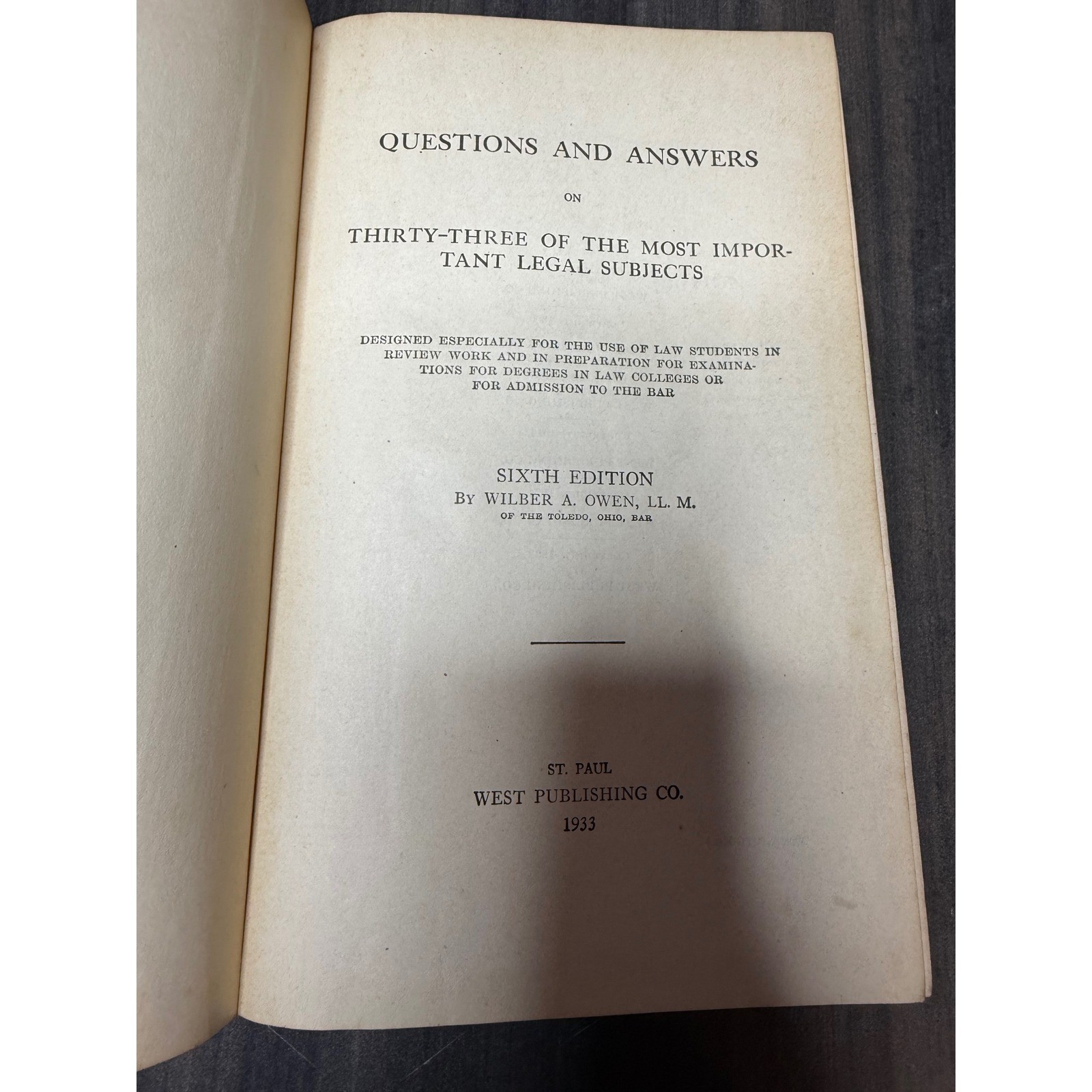 Owens Law Quizzer 1933 Sixth Edition West Publishing Co Legal Study Aid