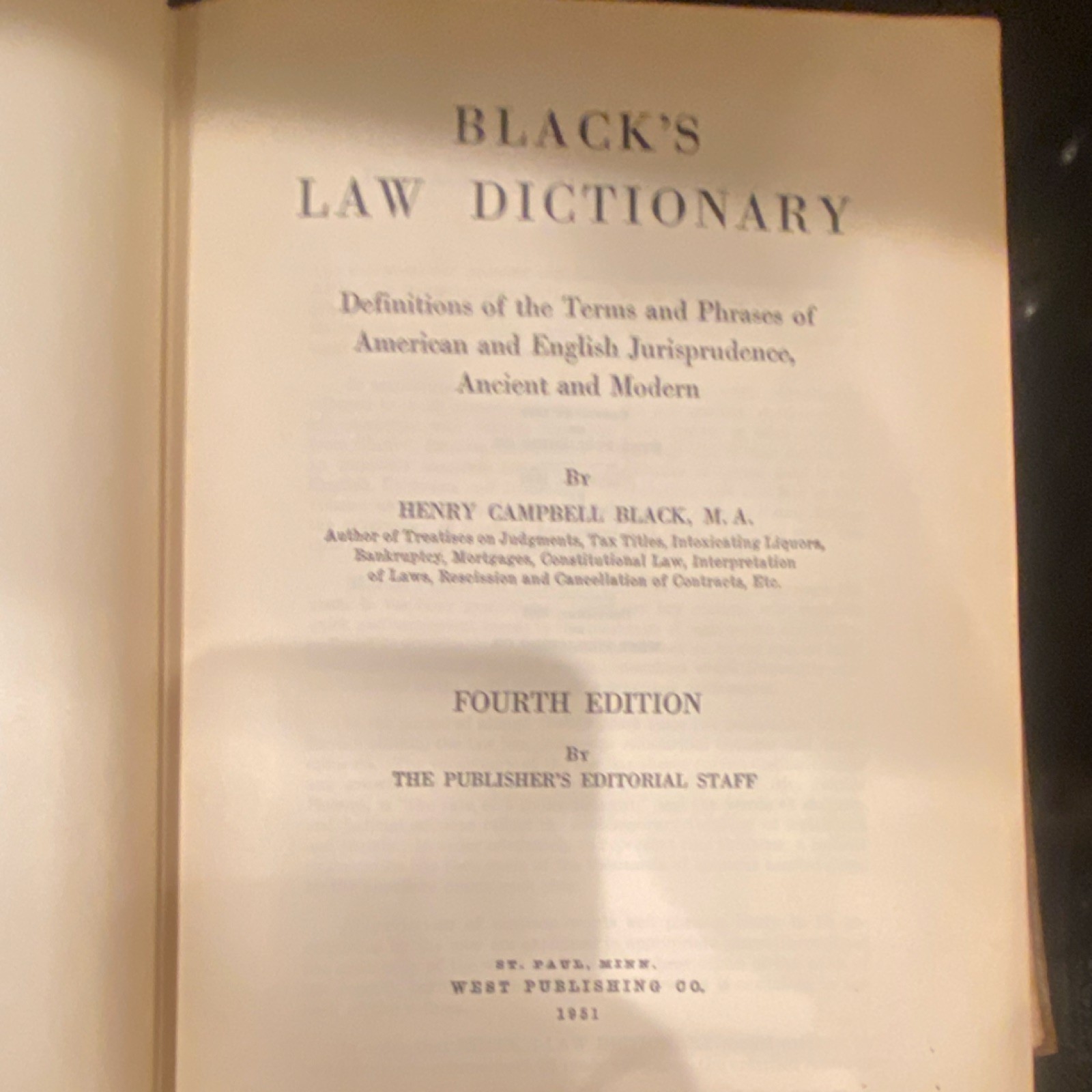 Black’s Law Dictionary Fourth Edition 1961 West Publishing Co. Hardcover Law