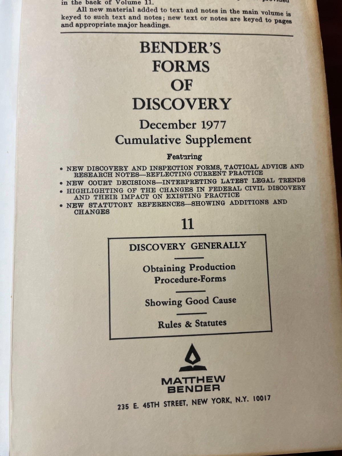 Bender’s Forms of Discovery Set Of 3 Vol. 11, 12, 12a, pub 1971 w/1977 supplemen