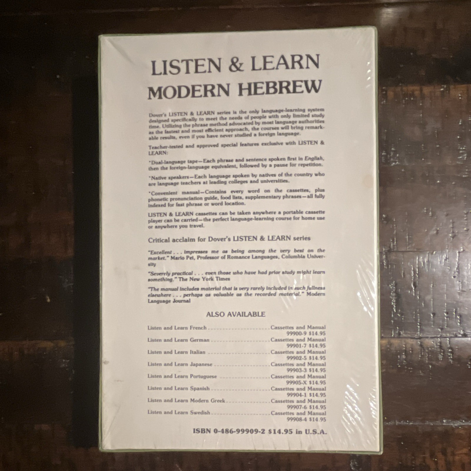 Dover Listen & Learn Modern Hebrew Language Course 3 Cassettes & 180-Page Manual
