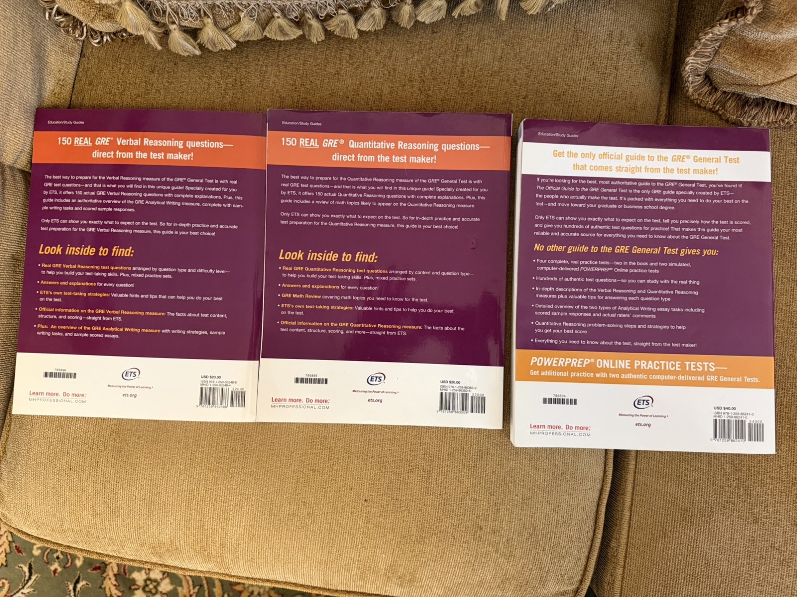 ETS Official GRE General Test, Verbal, and Quantitative Reasoning Prep Books.
