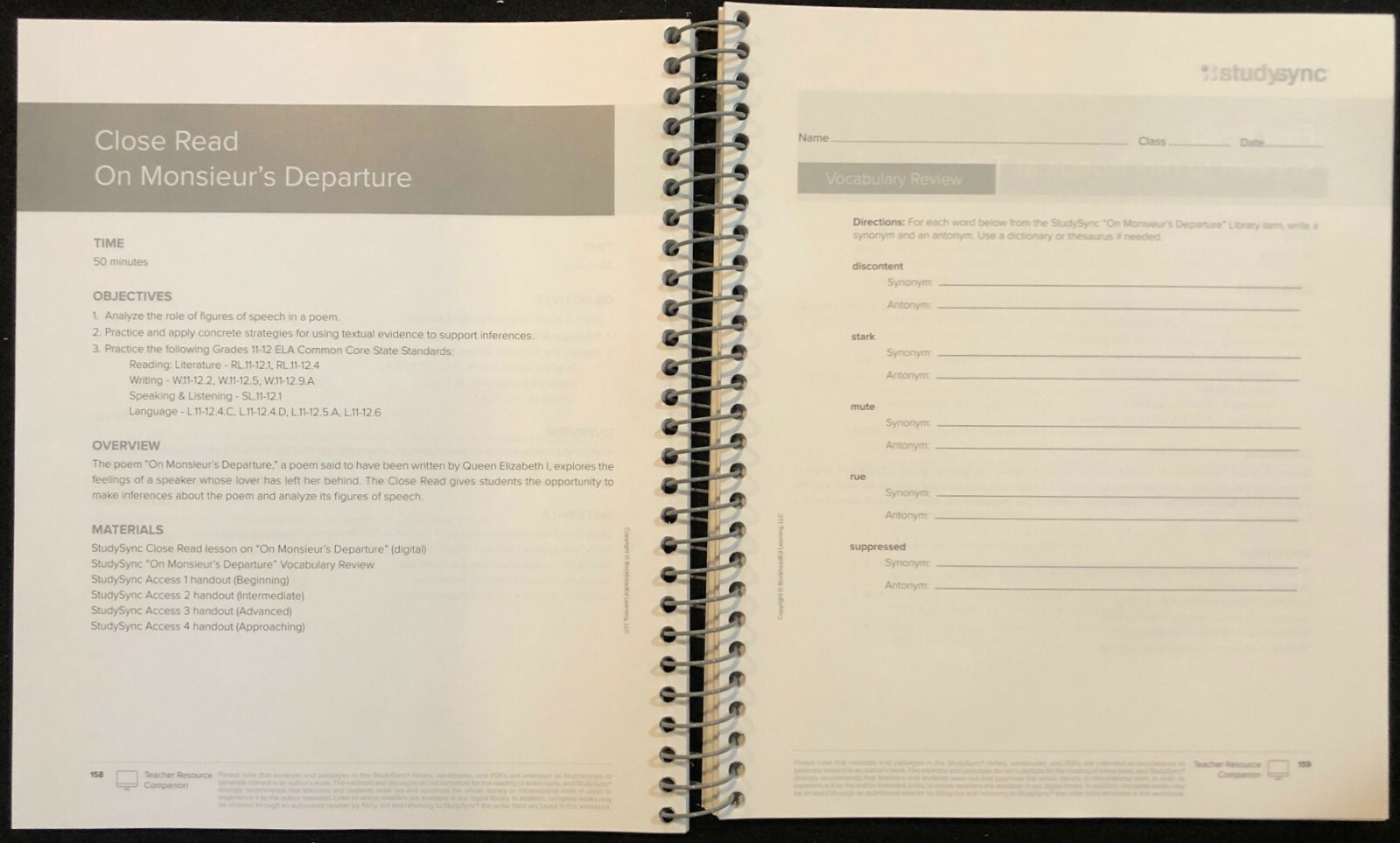 12th – STUDY SYNC Teacher Resource Companion & Reading/Writing Student Companion