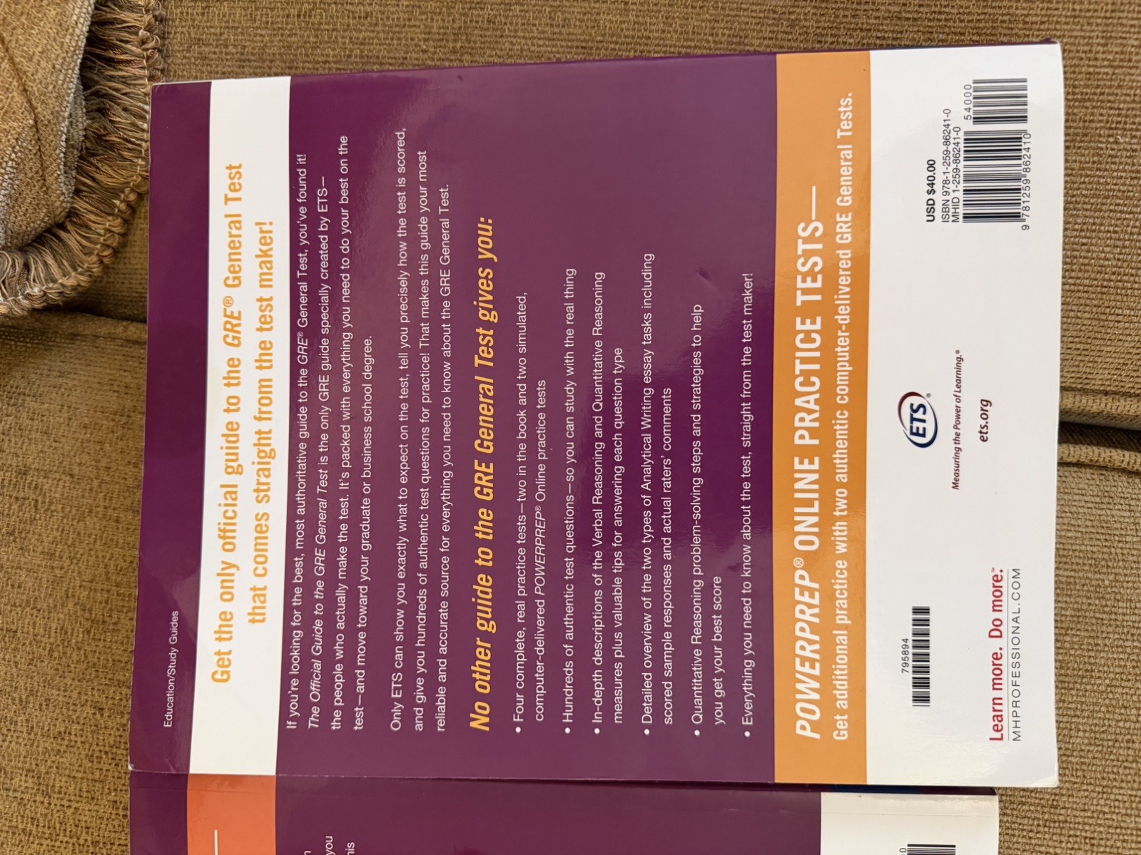 ETS Official GRE General Test, Verbal, and Quantitative Reasoning Prep Books.