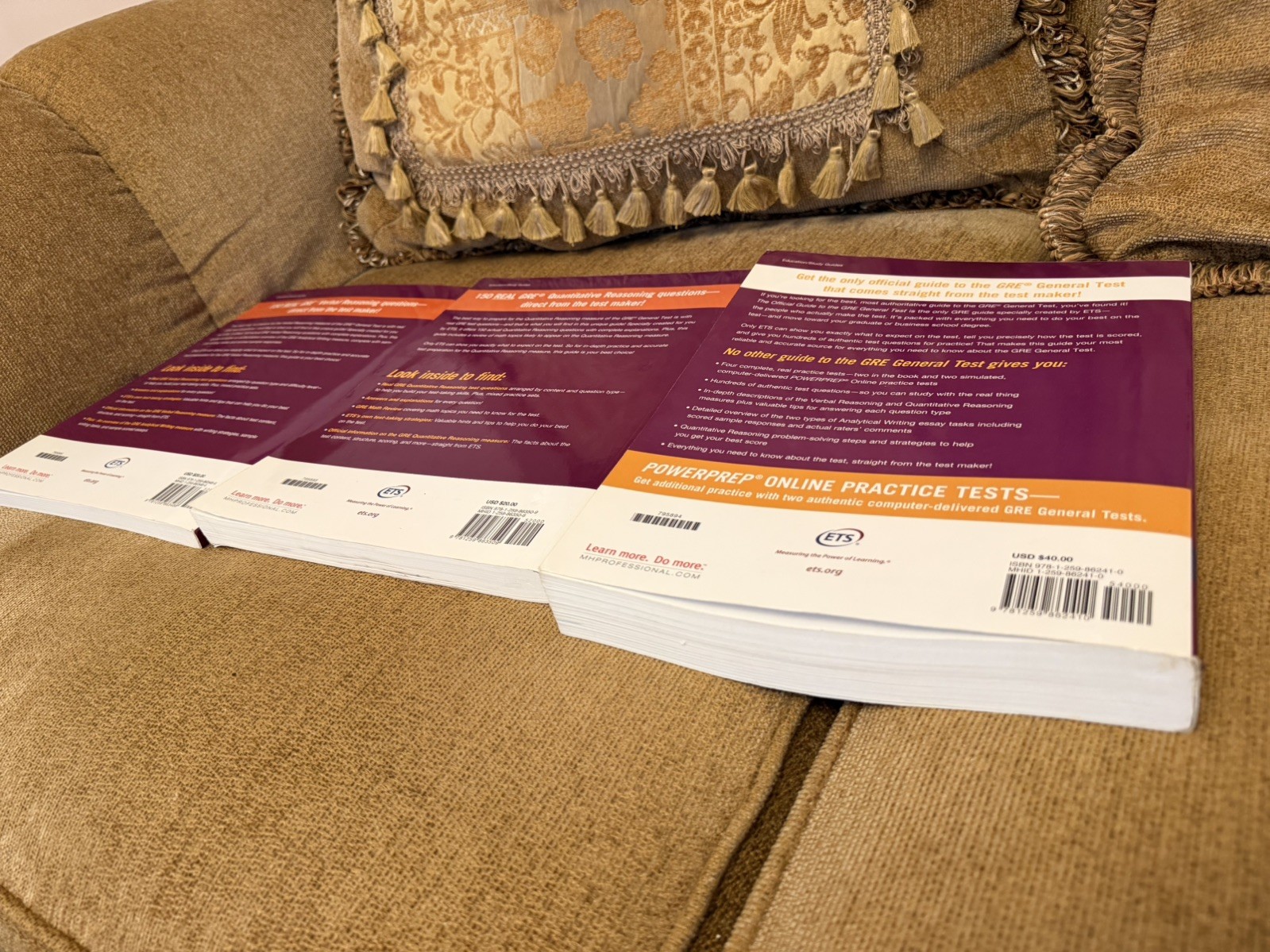ETS Official GRE General Test, Verbal, and Quantitative Reasoning Prep Books.
