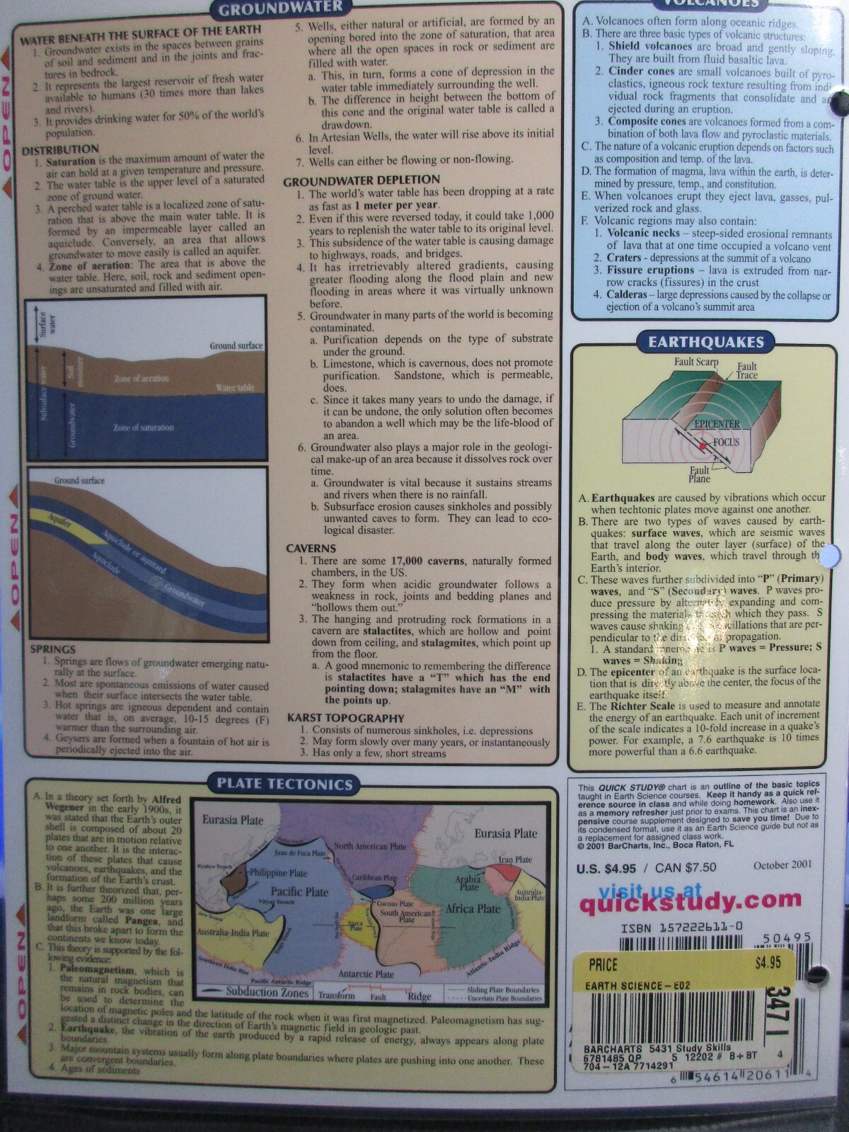 Earth Science Bar Charts Inc Laminated Quick Study Guide 3 Hole Punched