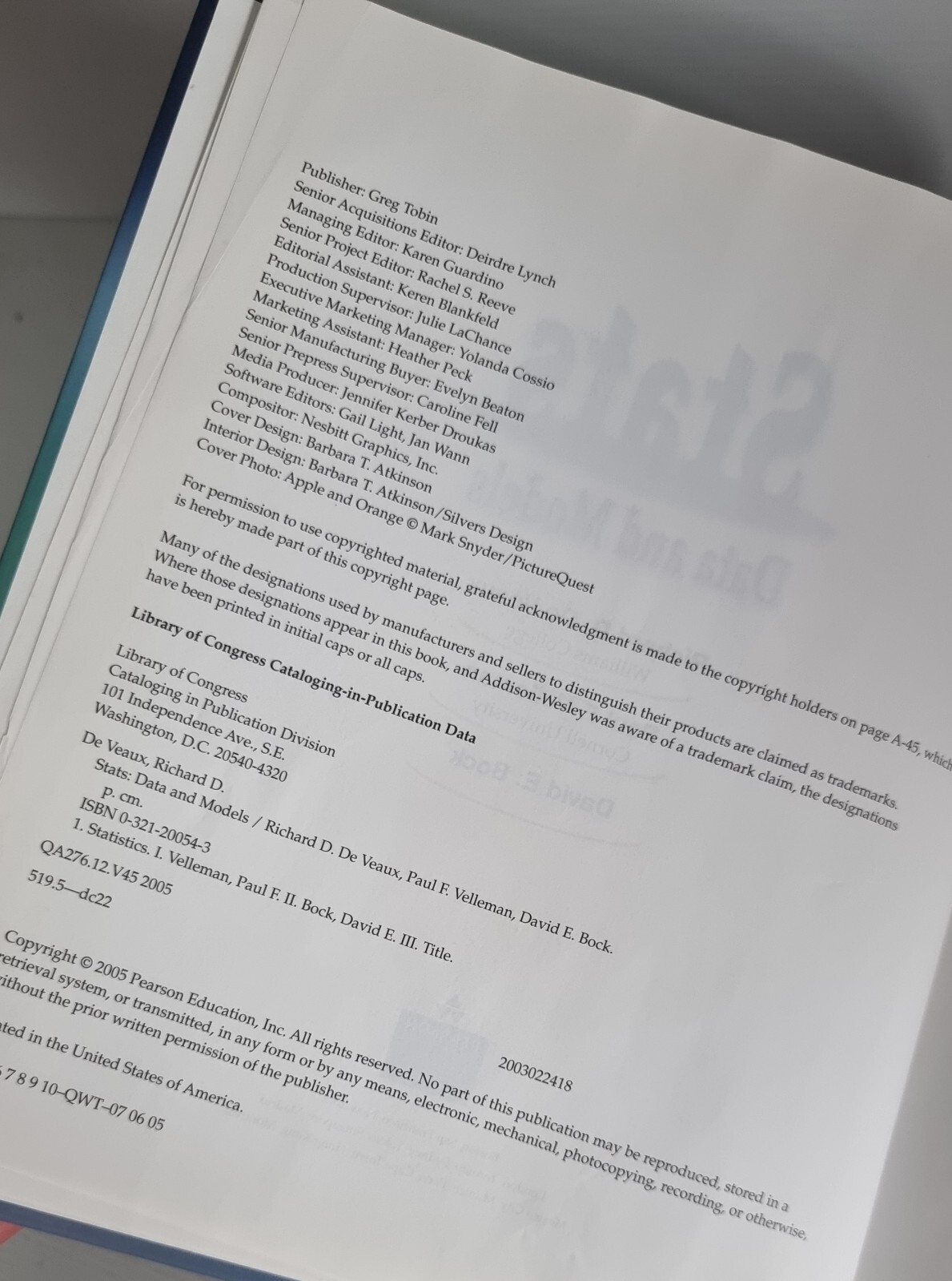 STATS DATA AND MODELS DE VEAUX VELLEMAN BOCK 2005 TEXTBOOK