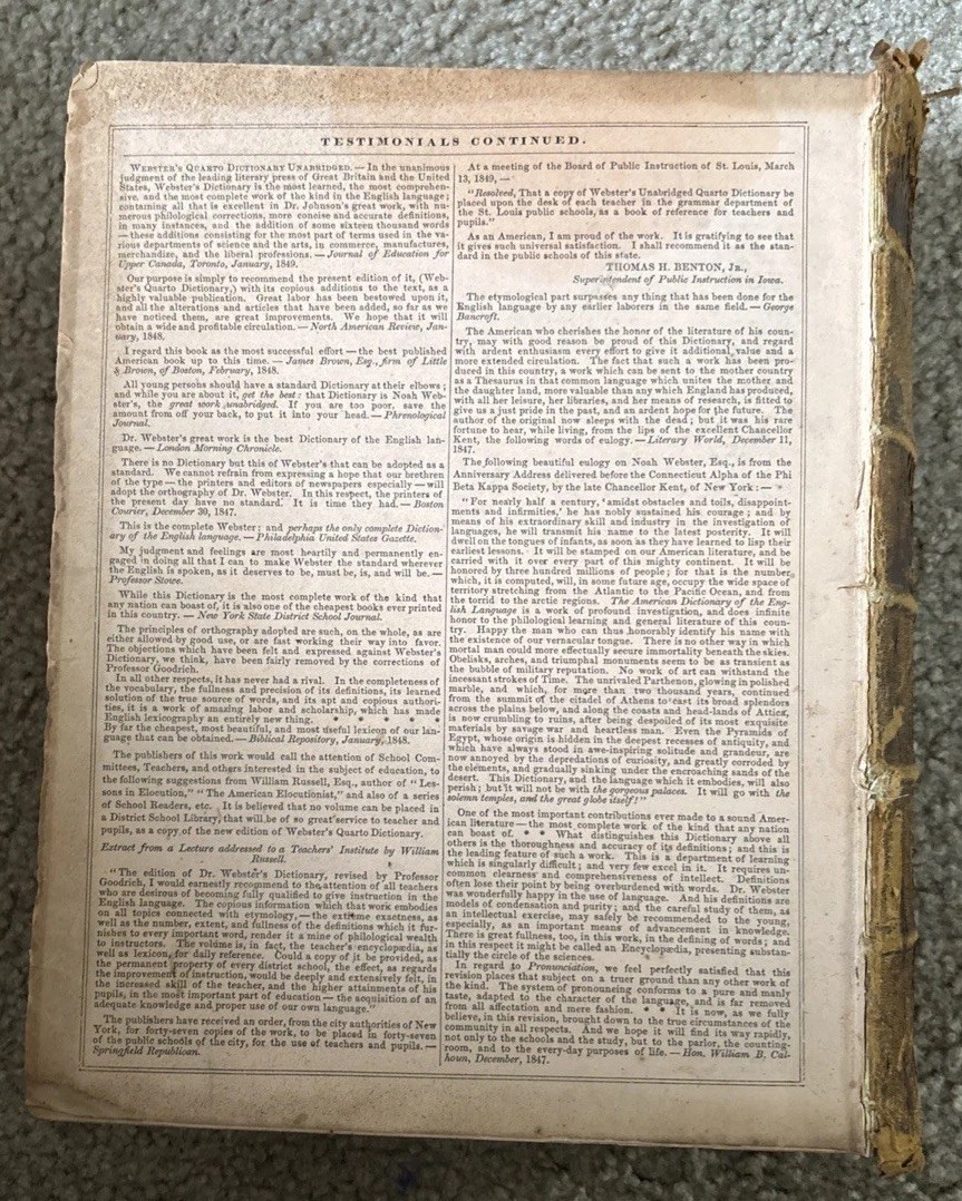 Vtg American Dictionary English Language Webster’s Dictionary, Noah Webster 1856