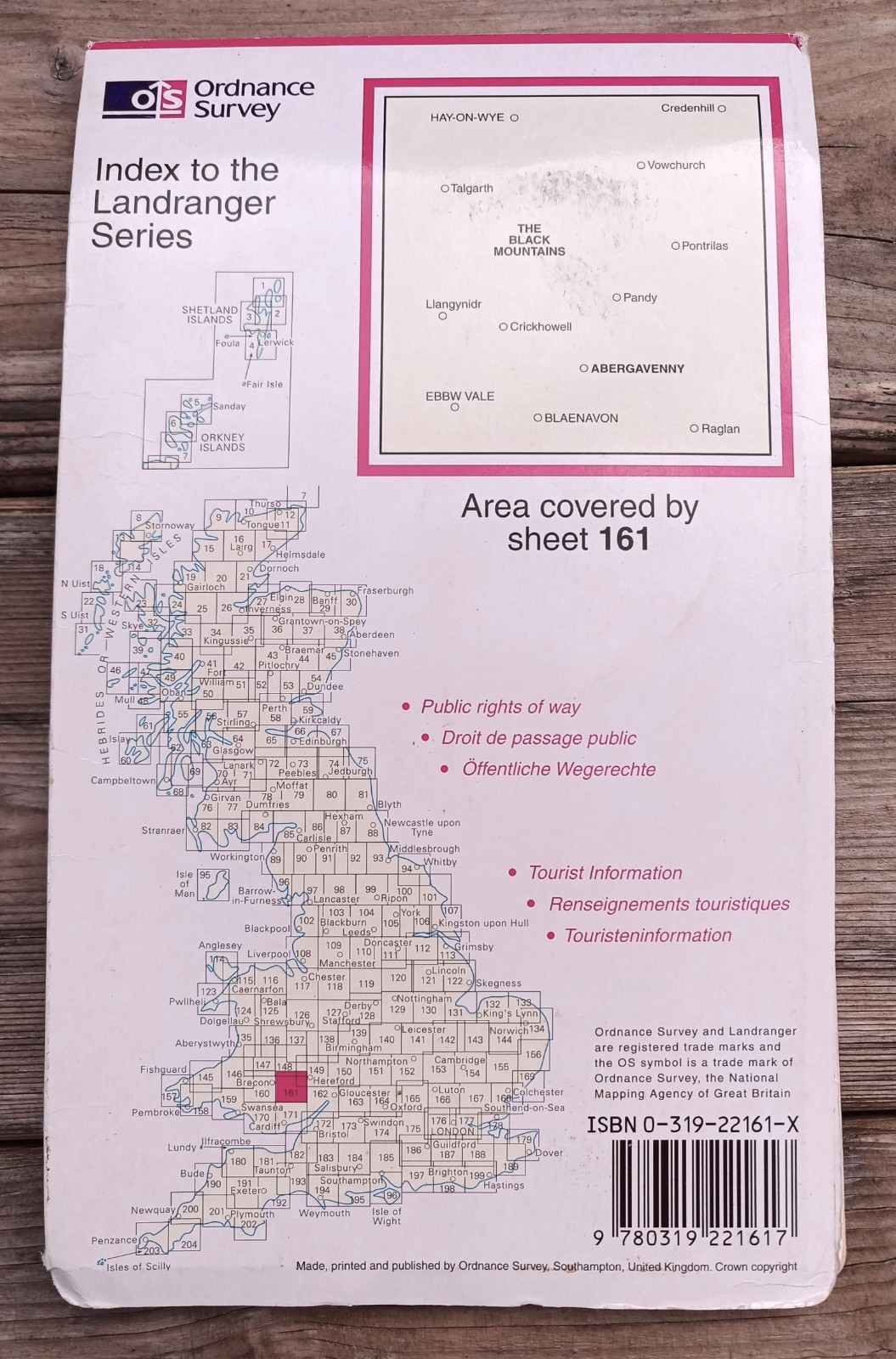 ABERGAVENNY & BLACK MOUNTAINS Ordnance Survey Landranger Map 161 1994 2cm:1km