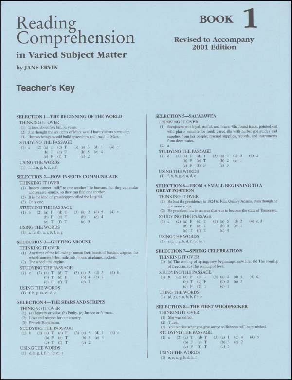 Reading Comprehension in Varied Subject Matter Book 1 Ans. Key – NEW