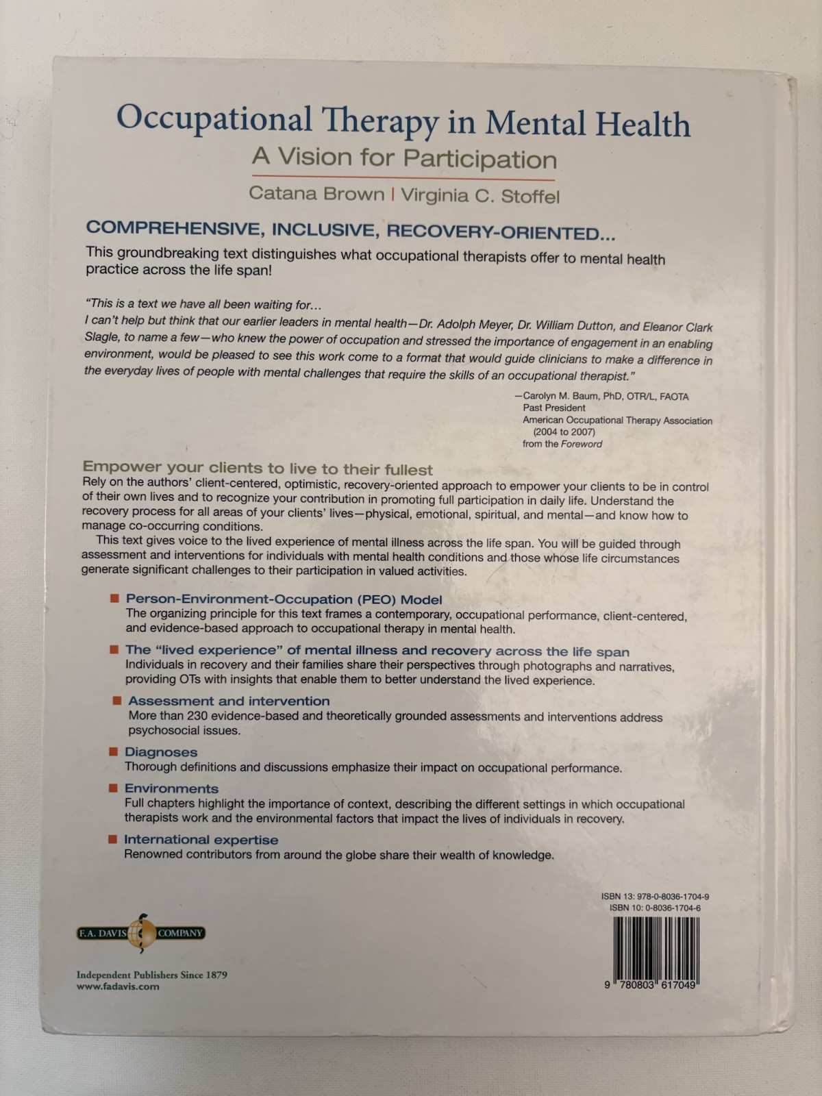 Occupational Therapy in Mental Health | Brown Stoffel | HC 2011 | F.A. Davis