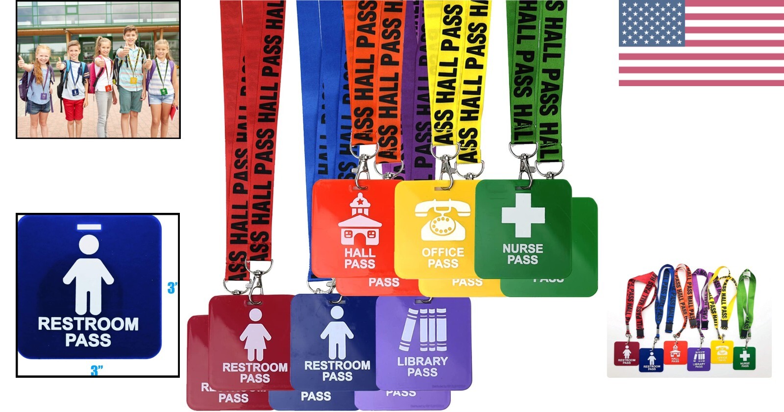 12 Multicolor Hall Pass Lanyards with Safety Buckles for Classroom Use