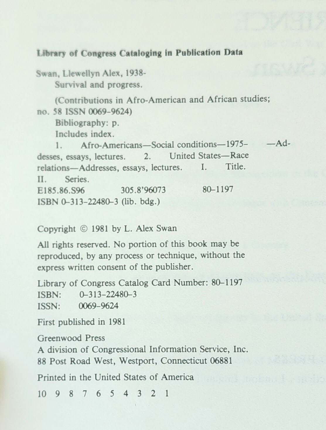 Survival and Progress: The Afro-American Experience by L. Alex Swan (1981,…
